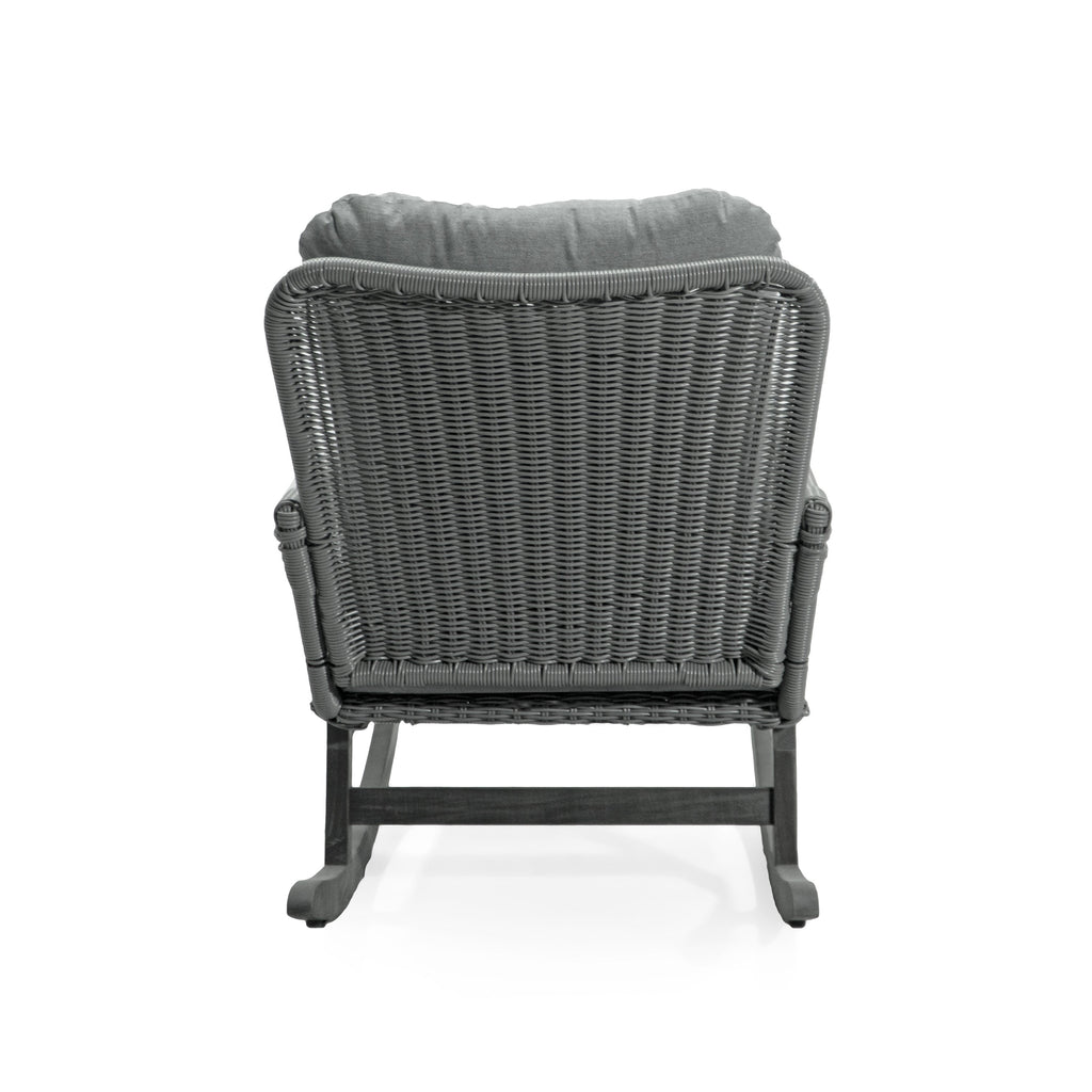 Modern 3-Piece Outdoor Seating Set with Gray Cushioned PE Rattan Rocking Chairs and Wooden Accent Table, Perfect for Patio or Balcony Relaxation