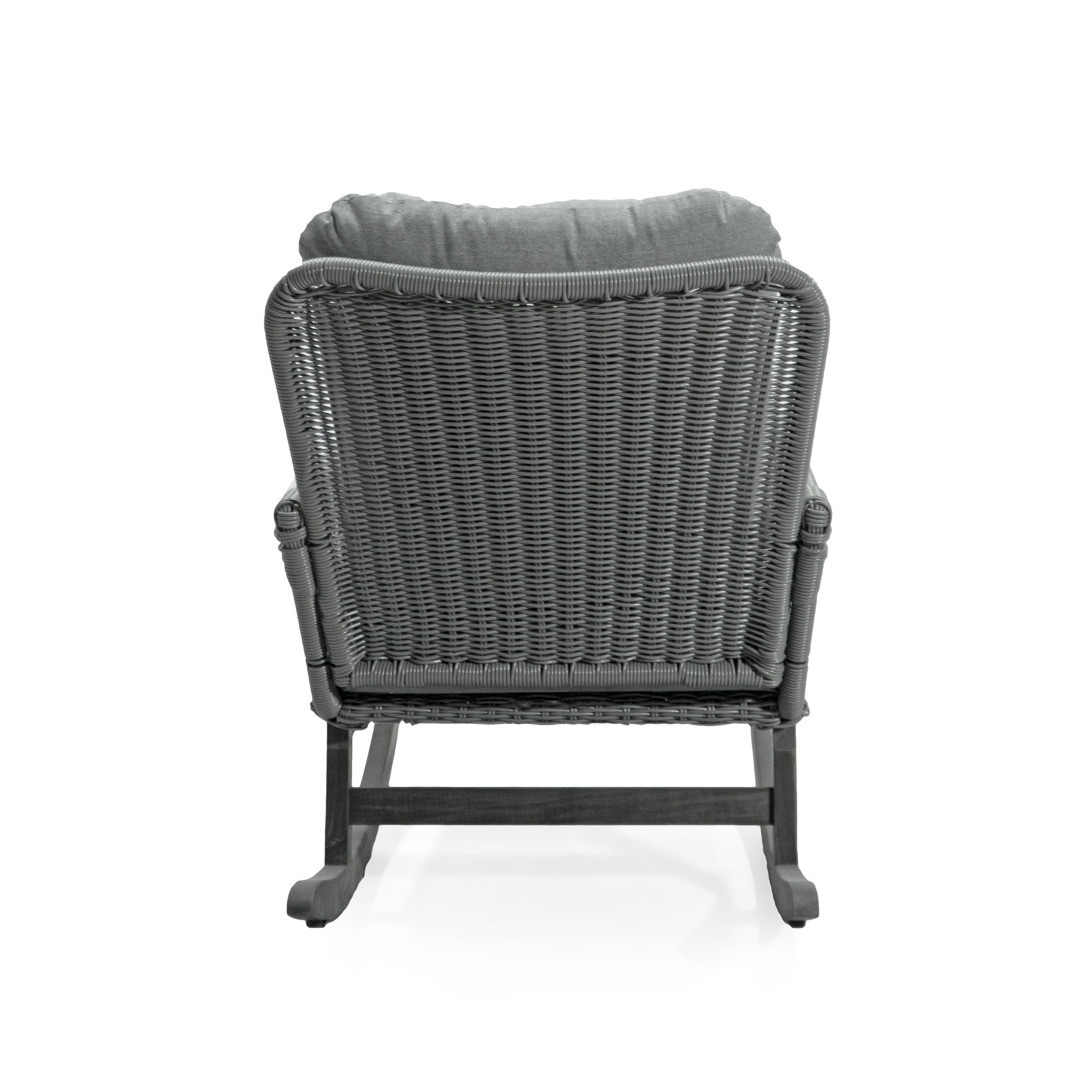 Modern 3-Piece Outdoor Seating Set with Gray Cushioned PE Rattan Rocking Chairs and Wooden Accent Table, Perfect for Patio or Balcony Relaxation