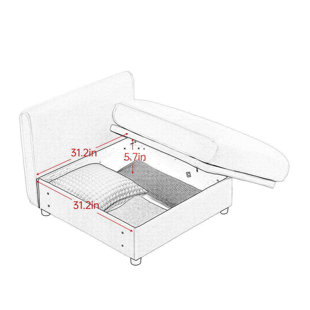 Elegant White Chenille  Sofa with Storage Seat and Ottoman, L-Shaped 3-Seater Cylindrical Backrest and Armrests, Contemporary 3-Seater Fabric Couch with Hidden Storage Compartment