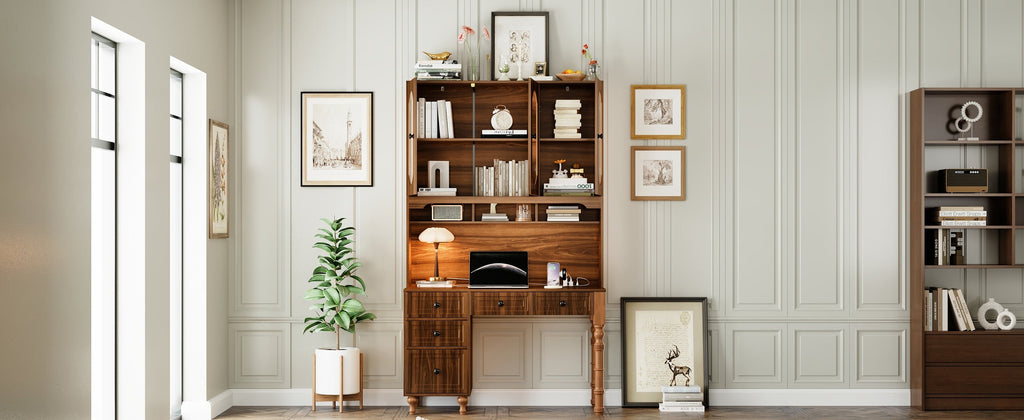 47'' Retro Desk with Charging Ports and Hutch Cabinet, Office Desk with 5 Storage Drawers and Transparent Glass-Door Bookshelf, Executive Computer Desk for Home Office, Bedroom, Walnut