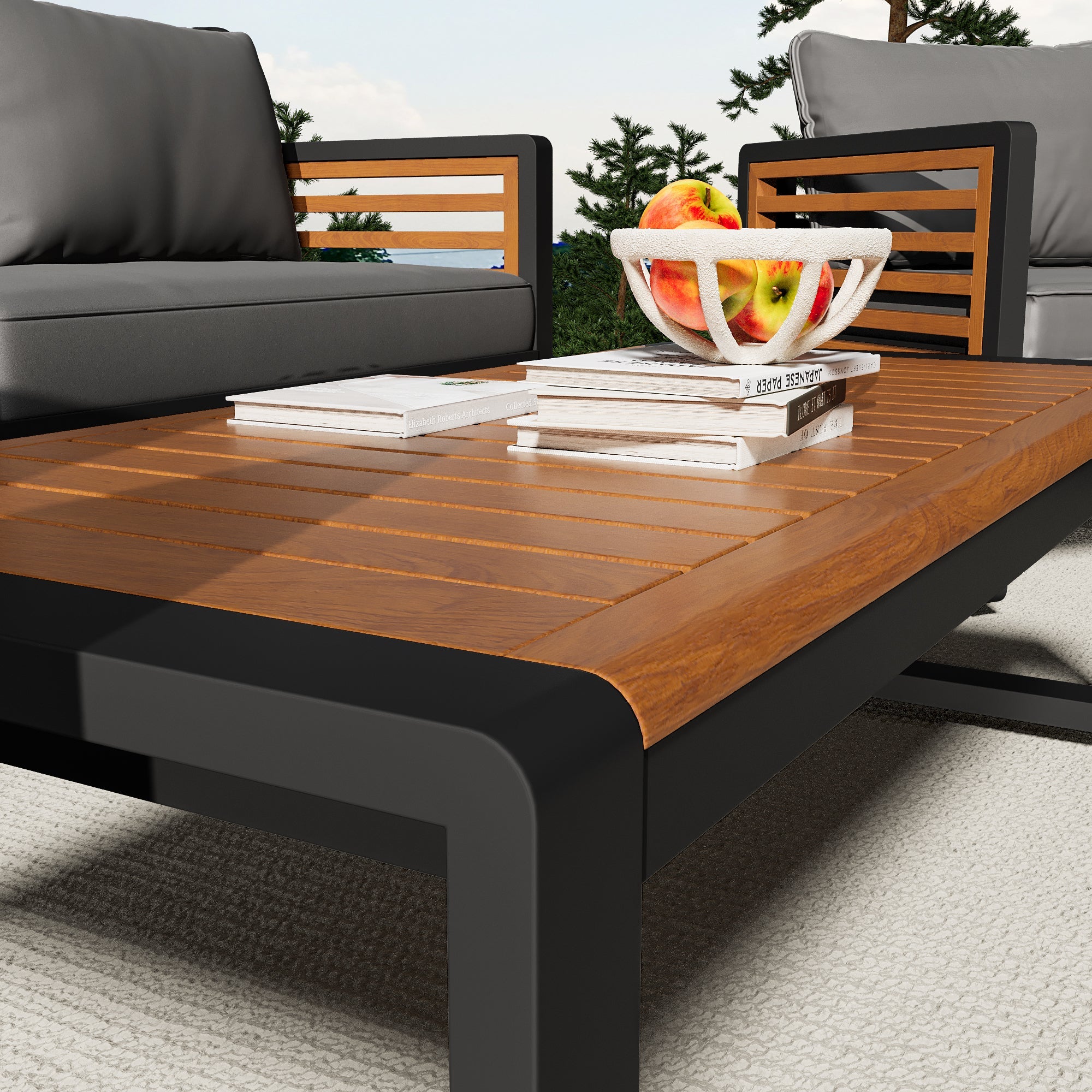 GO Large Size 4-pieces Outdoor Furniture sofa for 5 Person Conversation Set, Garden Sofa Set With Removable Cushion, Metal And Wood Frame Sofa set, Thick Cushions, Acacia Wood Tabletop, Gray