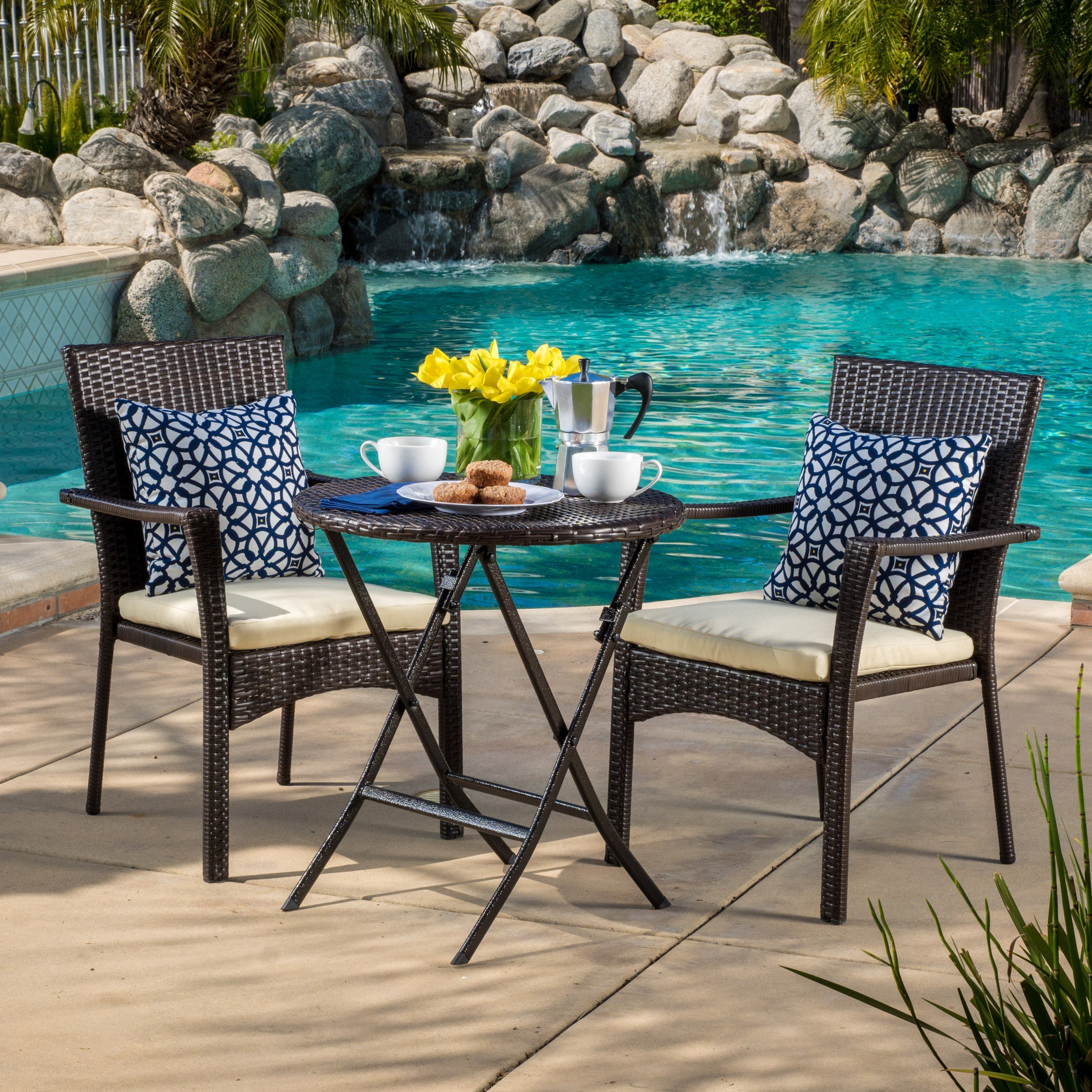 Outdoor 3-Piece Bistro Set with Water Resistant Cushions and 2 Chairs, Brown Multi