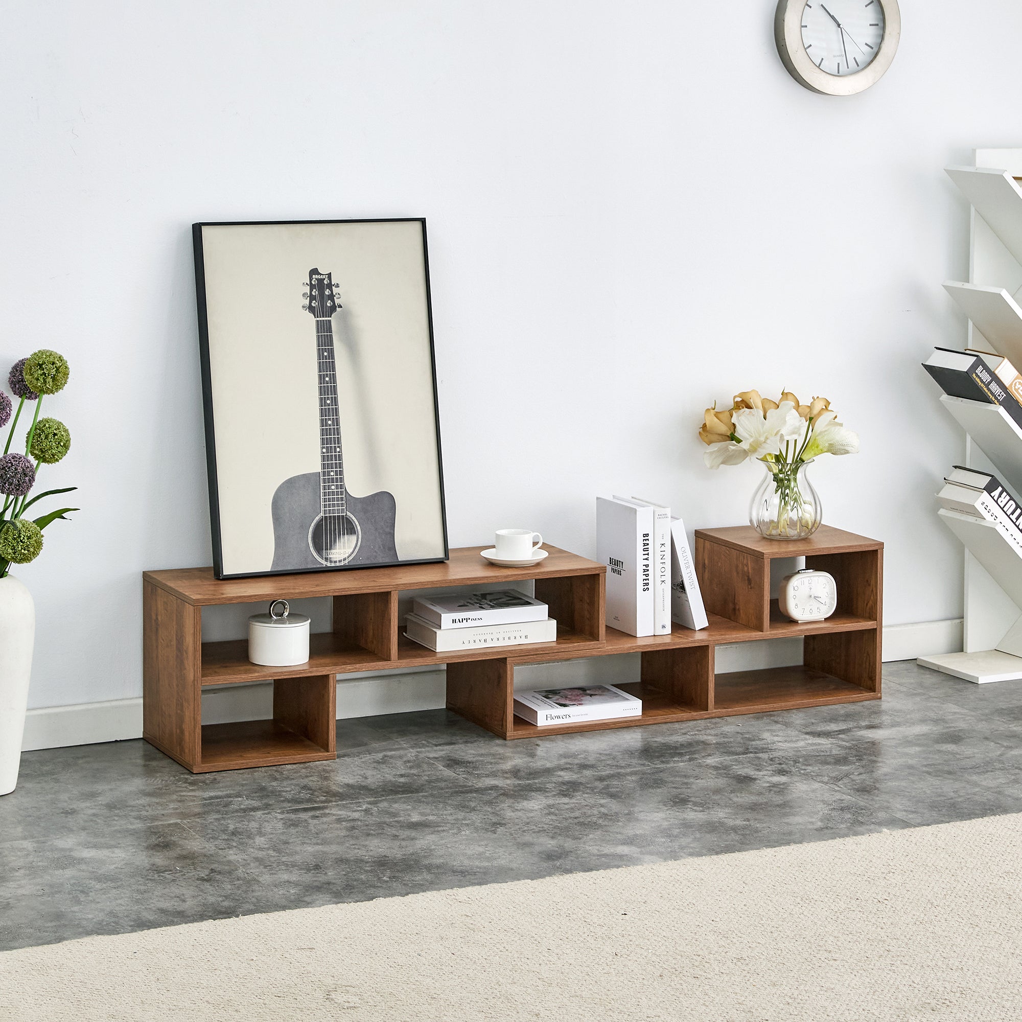Modern 2-Piece Cube TV Stand with Open Storage, L-Shaped Design, Walnut MDF, 47.2' x 12' x 13.4'