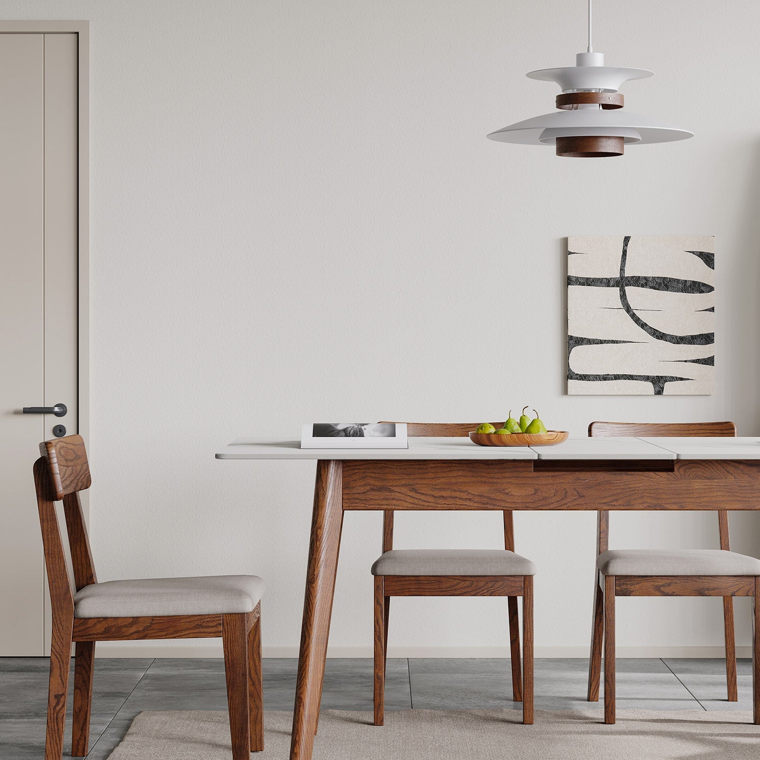 Walnut Solid Oak and White Slate Telescopic Dining Table for 6-8 People, Wood (Walnut Color)