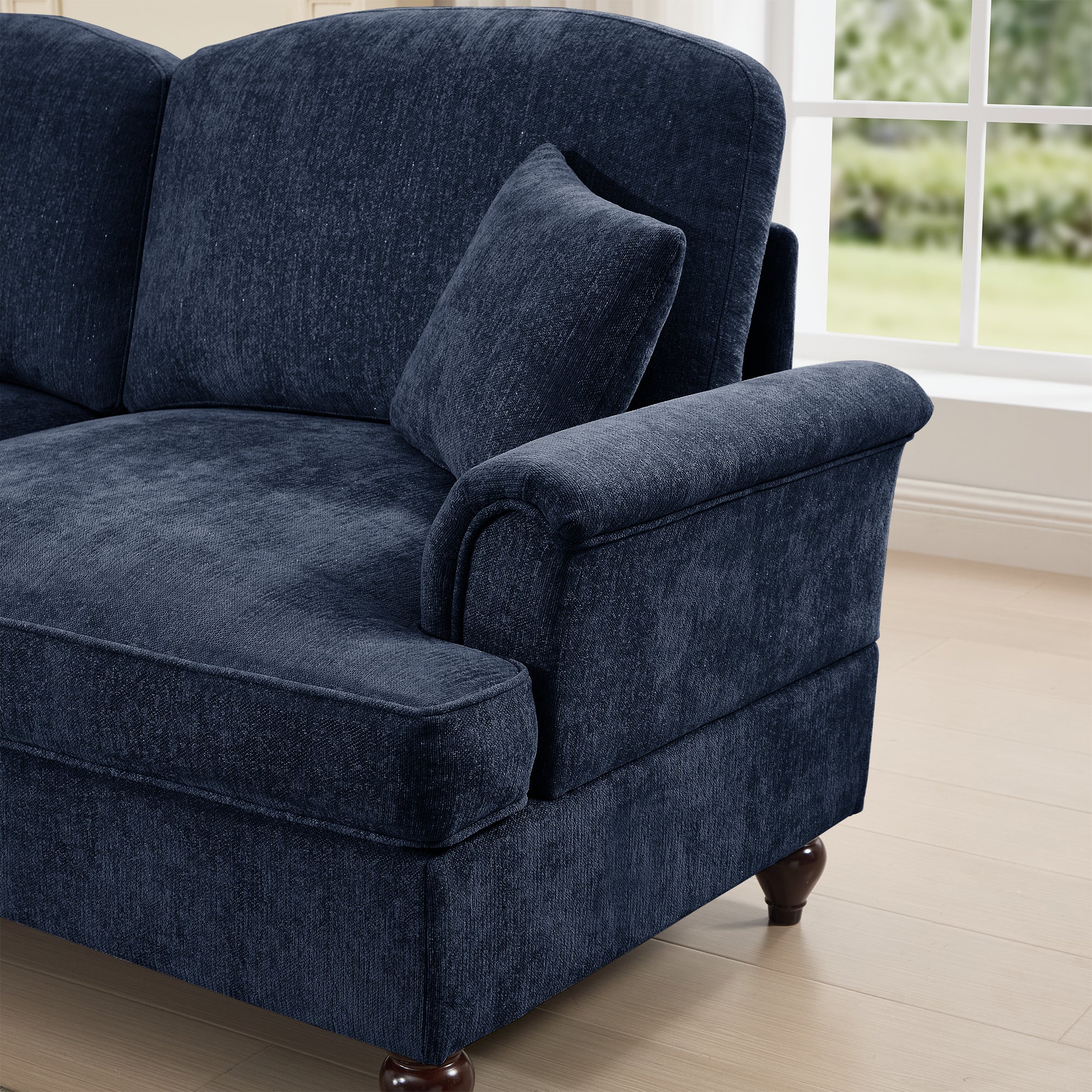 Elegant Mid Century Large 4 Seater Sofa Couch with Flared Arms and Removable Ruffles Pleats Skirts and Spindle Legs, Comfy Chenille Four-Seat Sofa for Living Room, Blue