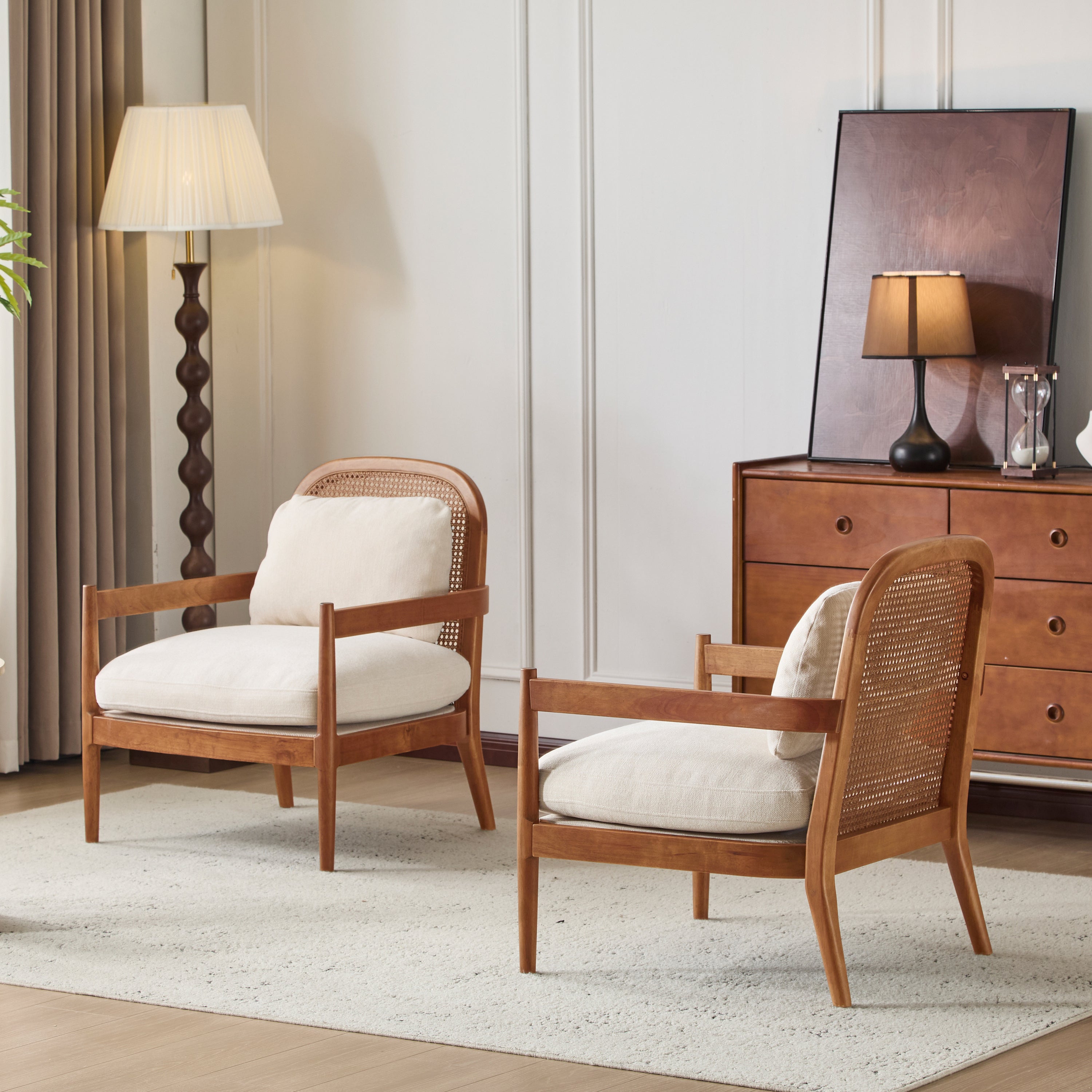 [Set of 2] 26.6' Mid-Century Modern Accent Chair with Light Brown Finish Solid Wood Frame and Rattan Backrest, Beige Cushion, Comfy Armchairs for Living Room, Bedroom, Reading Nook