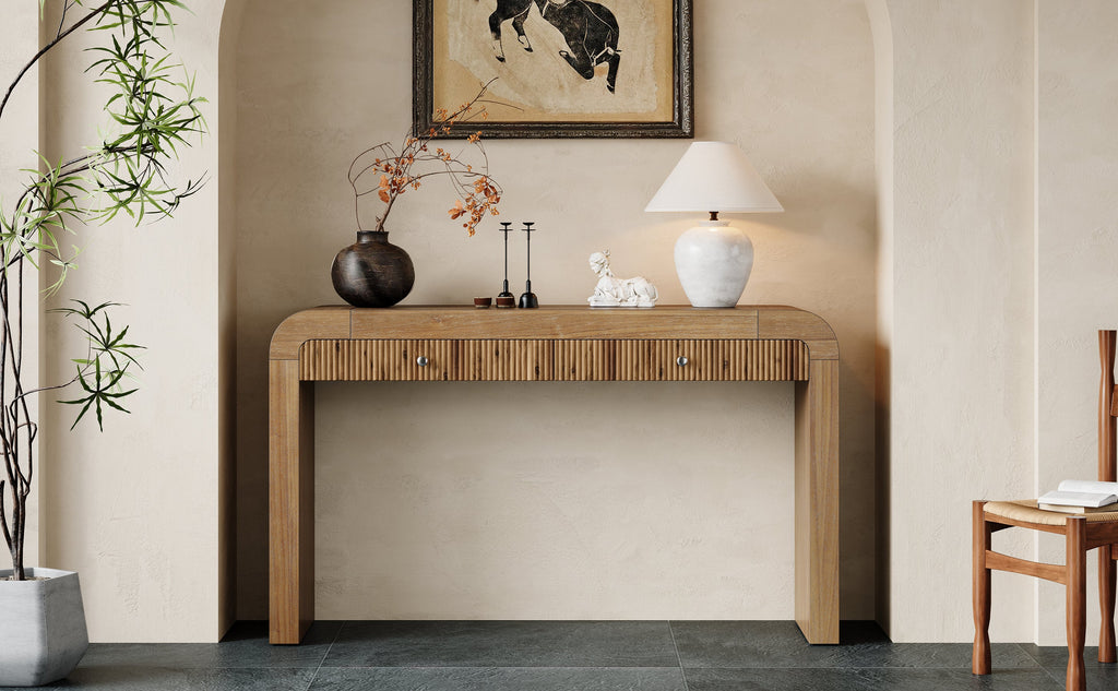 TREXM Rustic Console Table with Fluted Drawer Front, Entryway Table with Curved Corners & Thick Legs, Sturdy Sofa Table for Hallway & Living Room (Natural)
