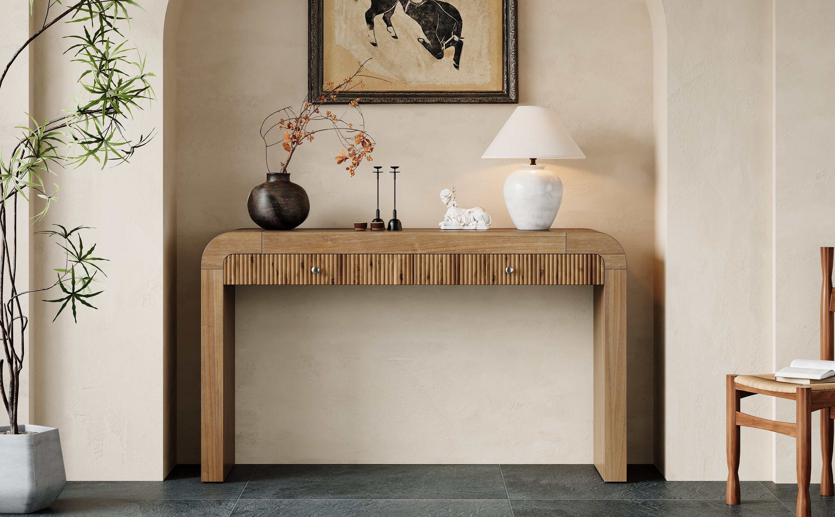TREXM Rustic Console Table with Fluted Drawer Front, Entryway Table with Curved Corners & Thick Legs, Sturdy Sofa Table for Hallway & Living Room (Natural)