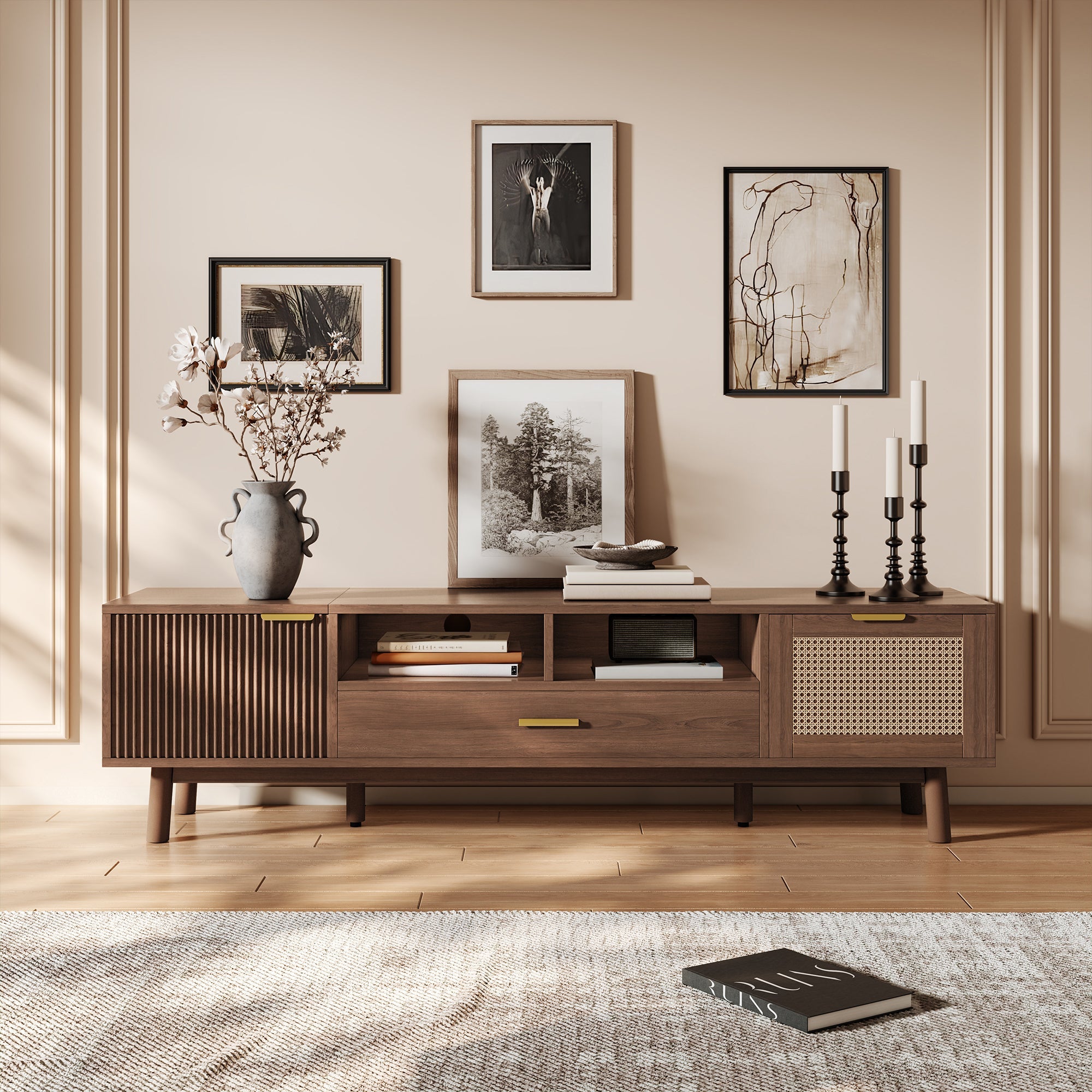 Wood Fashionable TV Stand for 75' TVs, TV Cabinet with Soft-Closing Door and Drop-Down Door Cabinet, Modern TV Consoles for Living Room, Bedroom