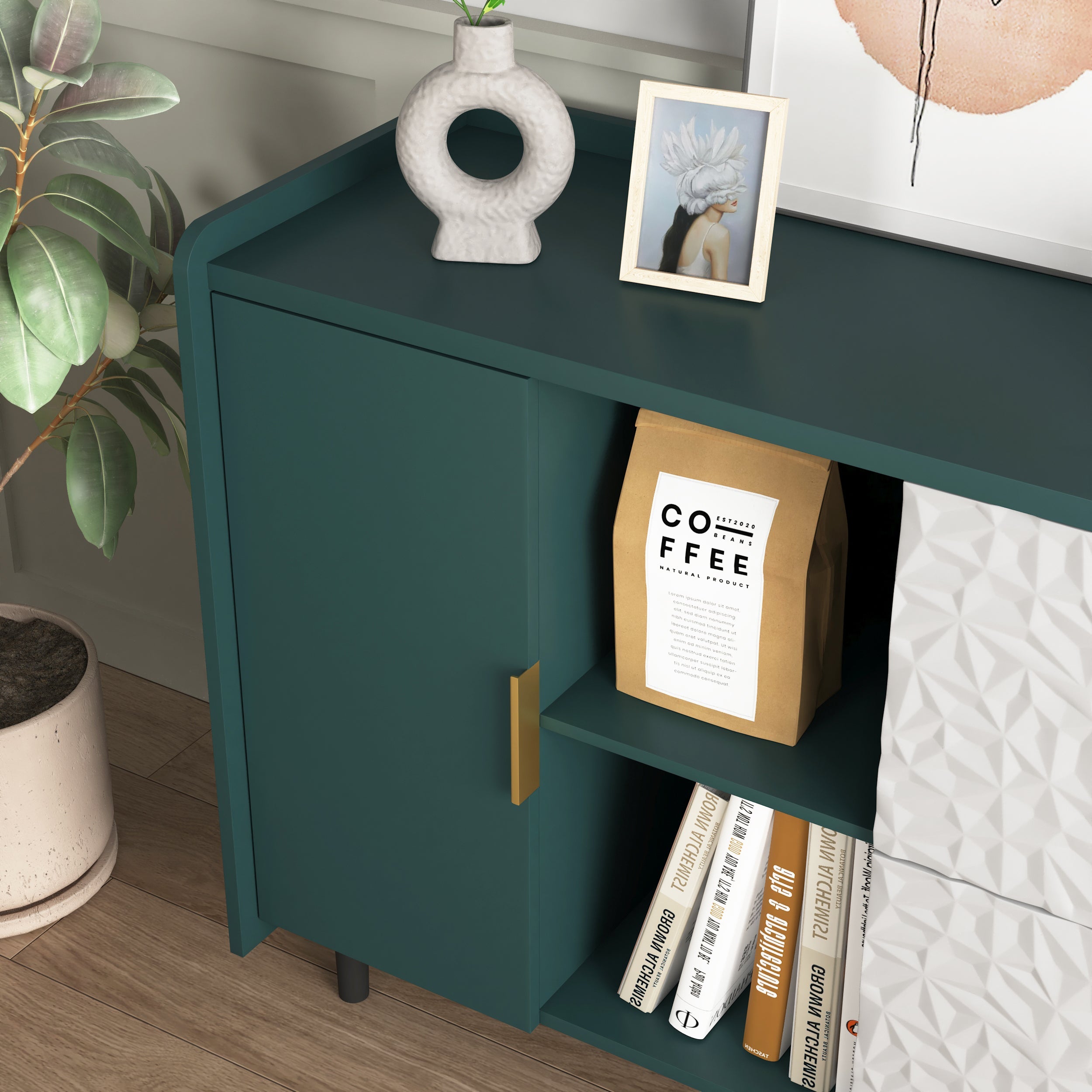 Modern Kitchen Pantry Storage Cabinet , 55" Coffee Bar Storage Cabinet with 2 Drawers, 2 Open Storage Compartment & 2 Glass Doors, Wood Buffet Table for Kitchen, Living Room, Green