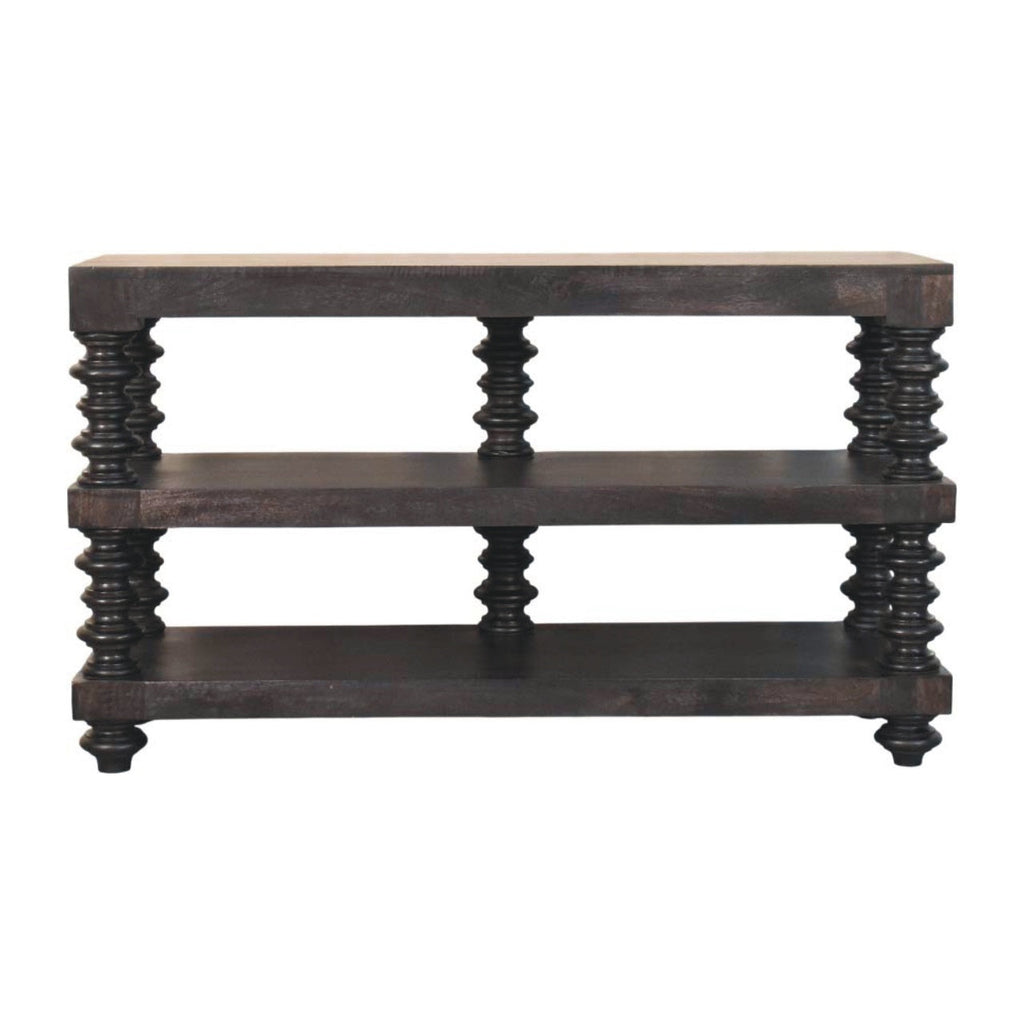 Solid Wood Spindle Shelf Console in Carbon Ash, Black with storage