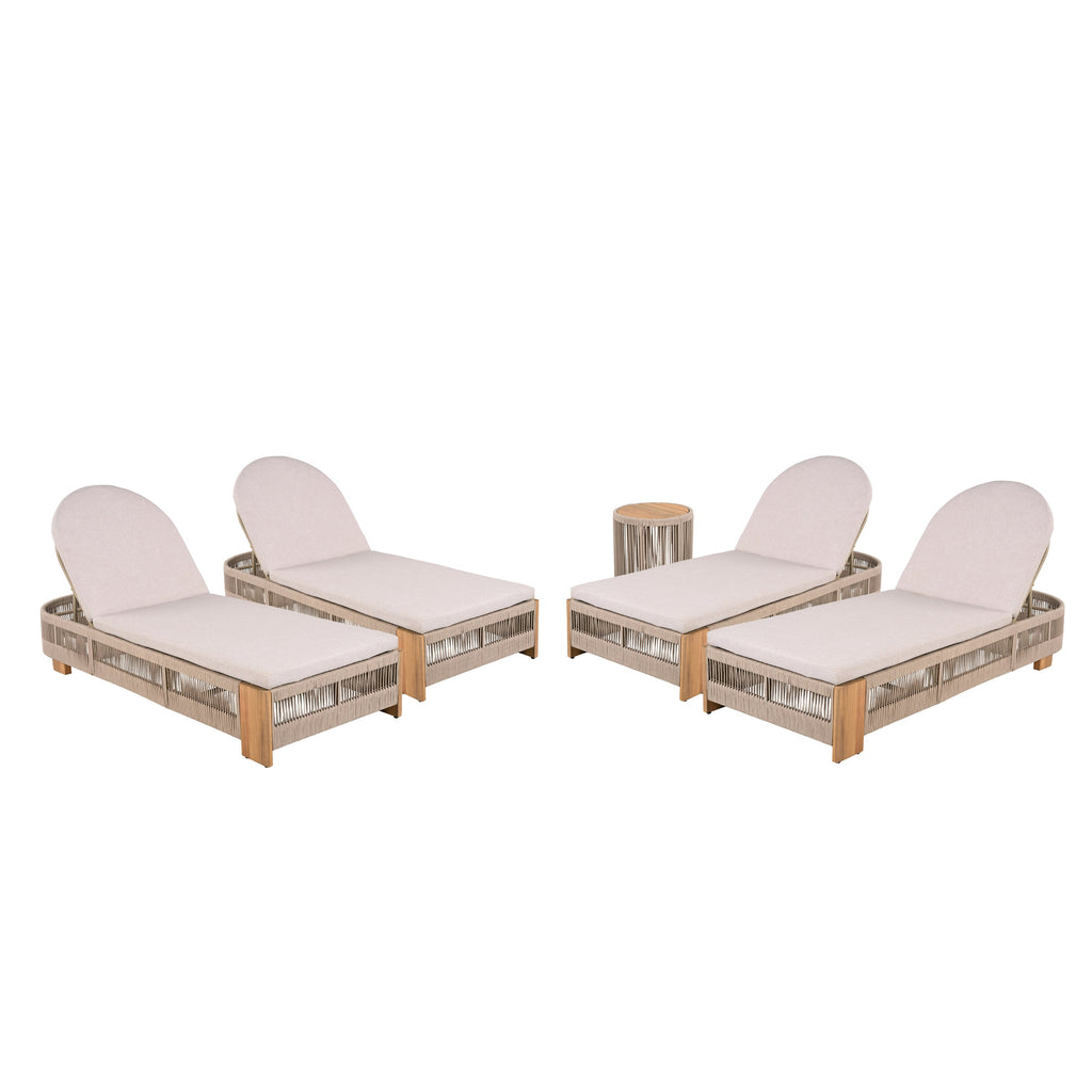 Outdoor Rope Chaise Lounge Set of 9, Patio Lounge Chairs, Outside Poolside Lounge Furniture, Teak look wood Side Table and Beige Cushions, Chaise Lounge with Adjustable Backrest( Beige rope)
