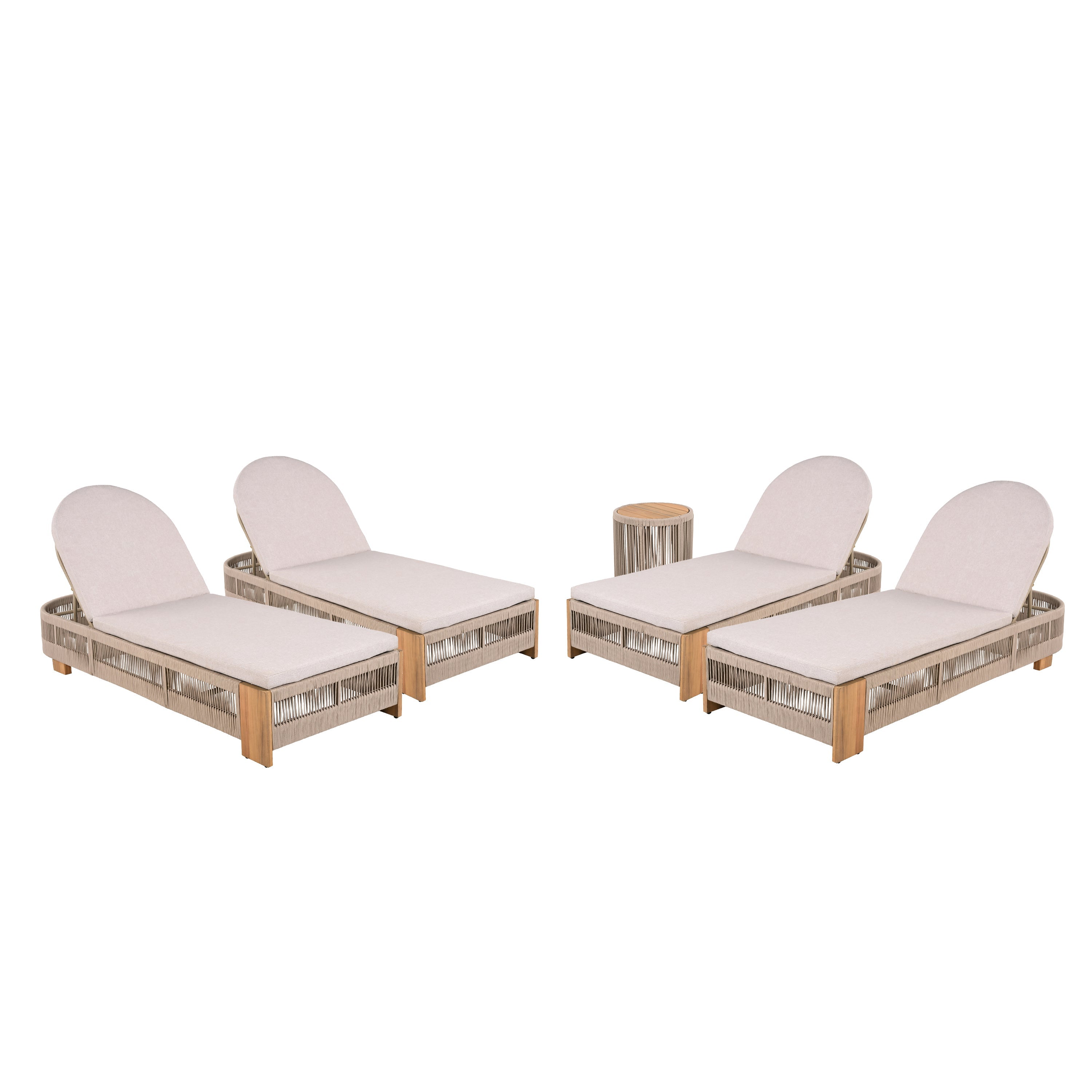 Outdoor Rope Chaise Lounge Set of 9, Patio Lounge Chairs, Outside Poolside Lounge Furniture, Teak look wood Side Table and Beige Cushions, Chaise Lounge with Adjustable Backrest( Beige rope)