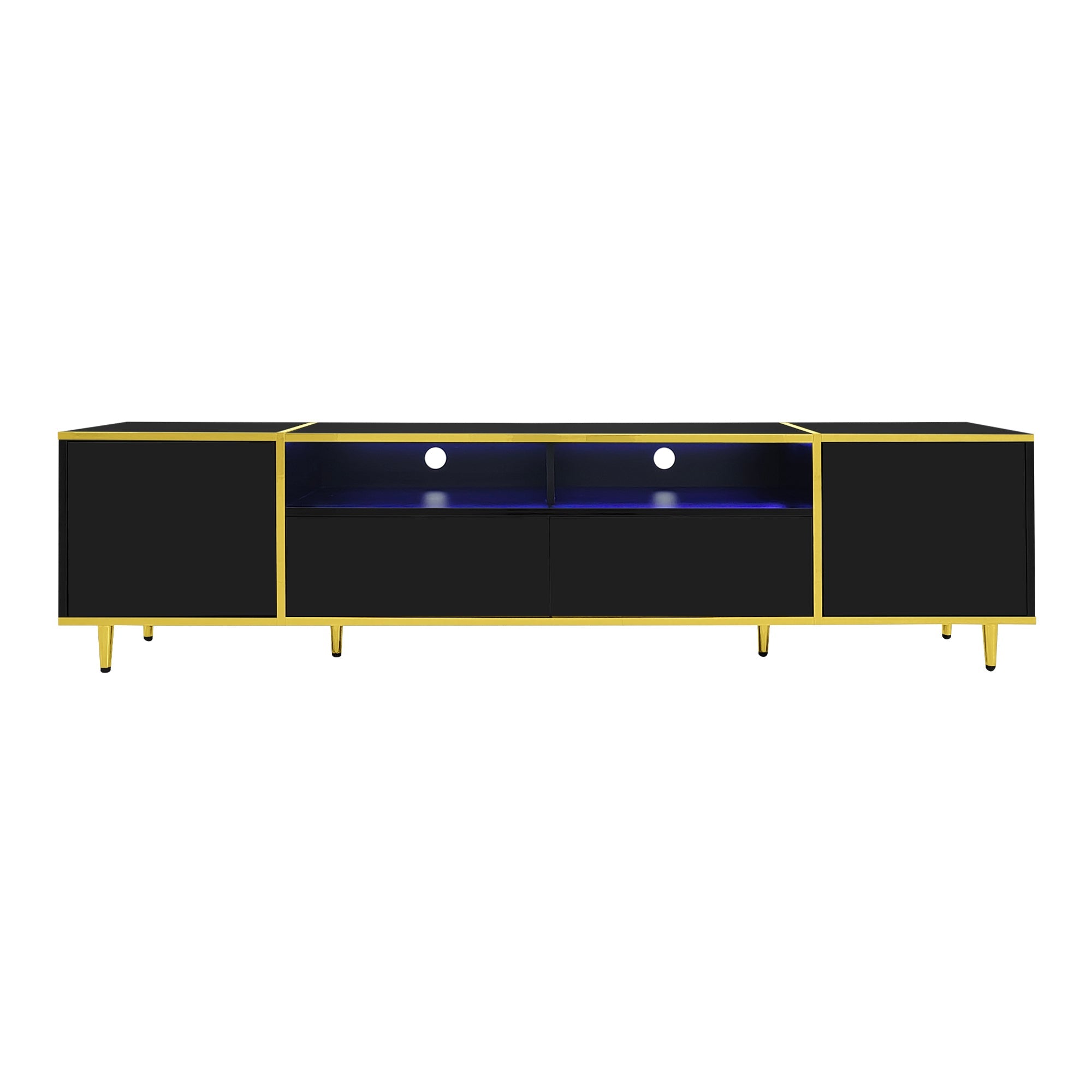 U-Can 70.9'' Modern TV Stand for TVs up to 80 Inches, Entertainment Center with 2 Shelves and  LED Lights, TV Storage Cabinet with 2 Drawers, 2 Cabinets and Metal Legs for Living room