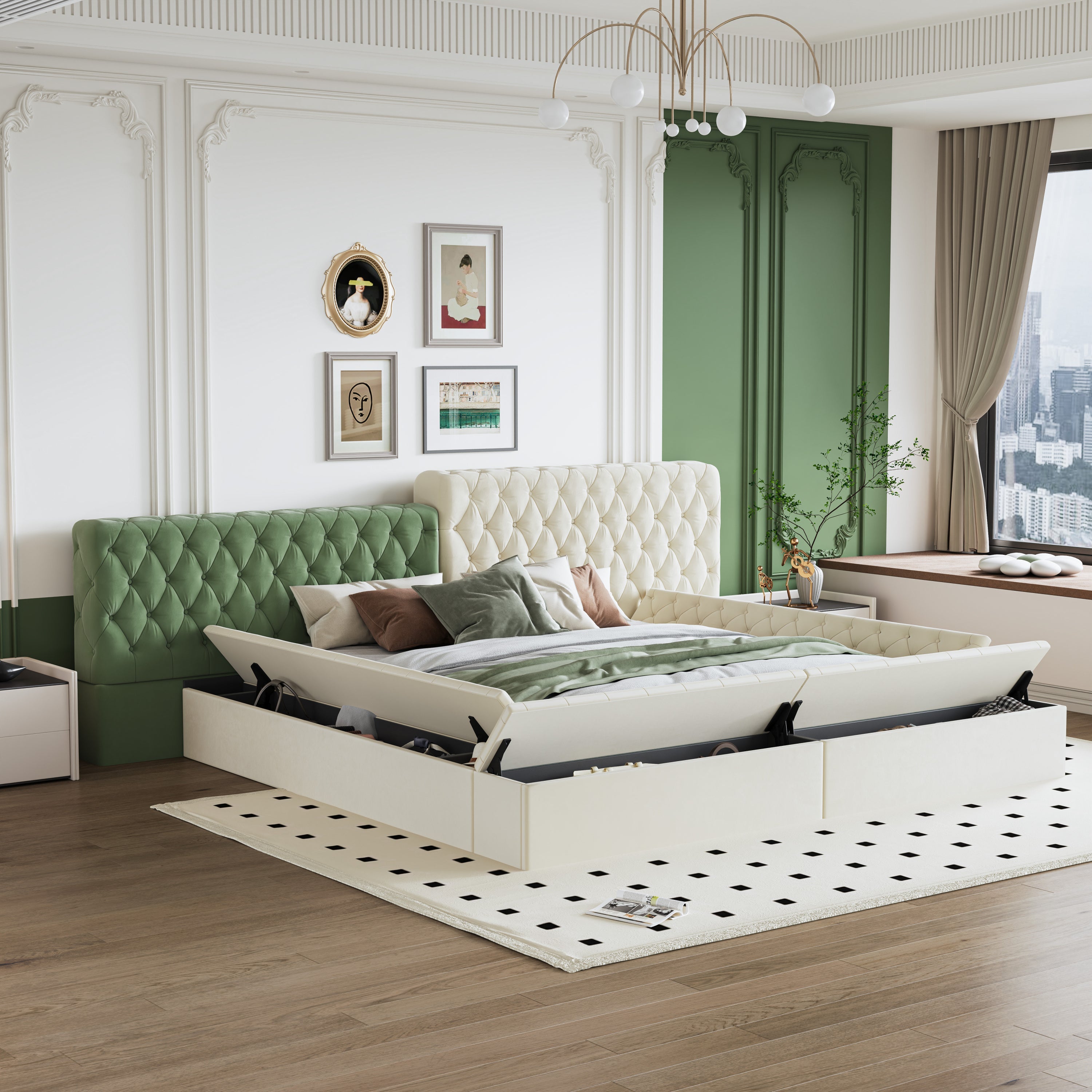 Contemporary Special-shaped Fully Upholstered Bed with Deep Button Tufting and Storage Compartments in Rails and Footboard,No Box Spring Needed,King,Beige