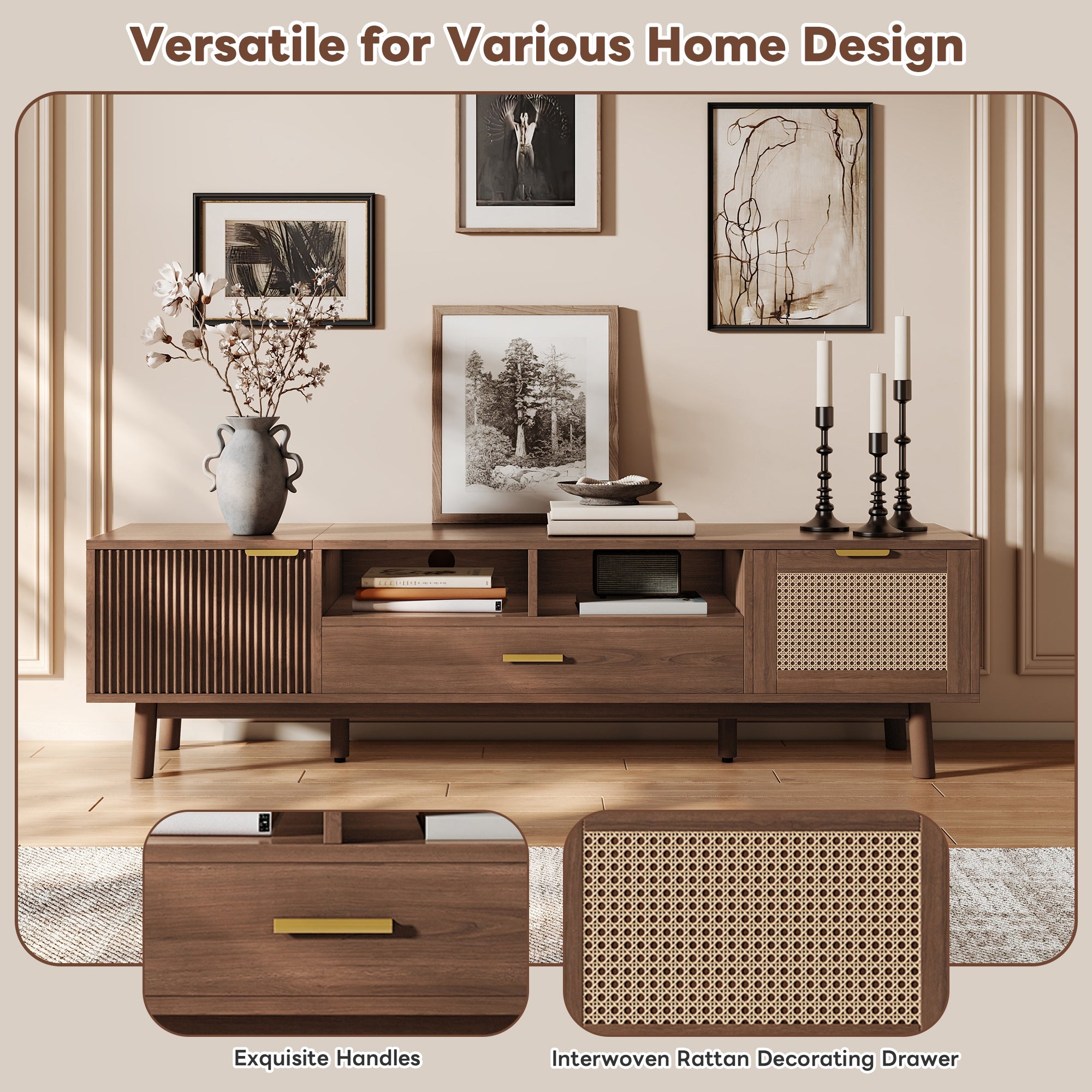 Wood Fashionable TV Stand for 75' TVs, TV Cabinet with Soft-Closing Door and Drop-Down Door Cabinet, Modern TV Consoles for Living Room, Bedroom
