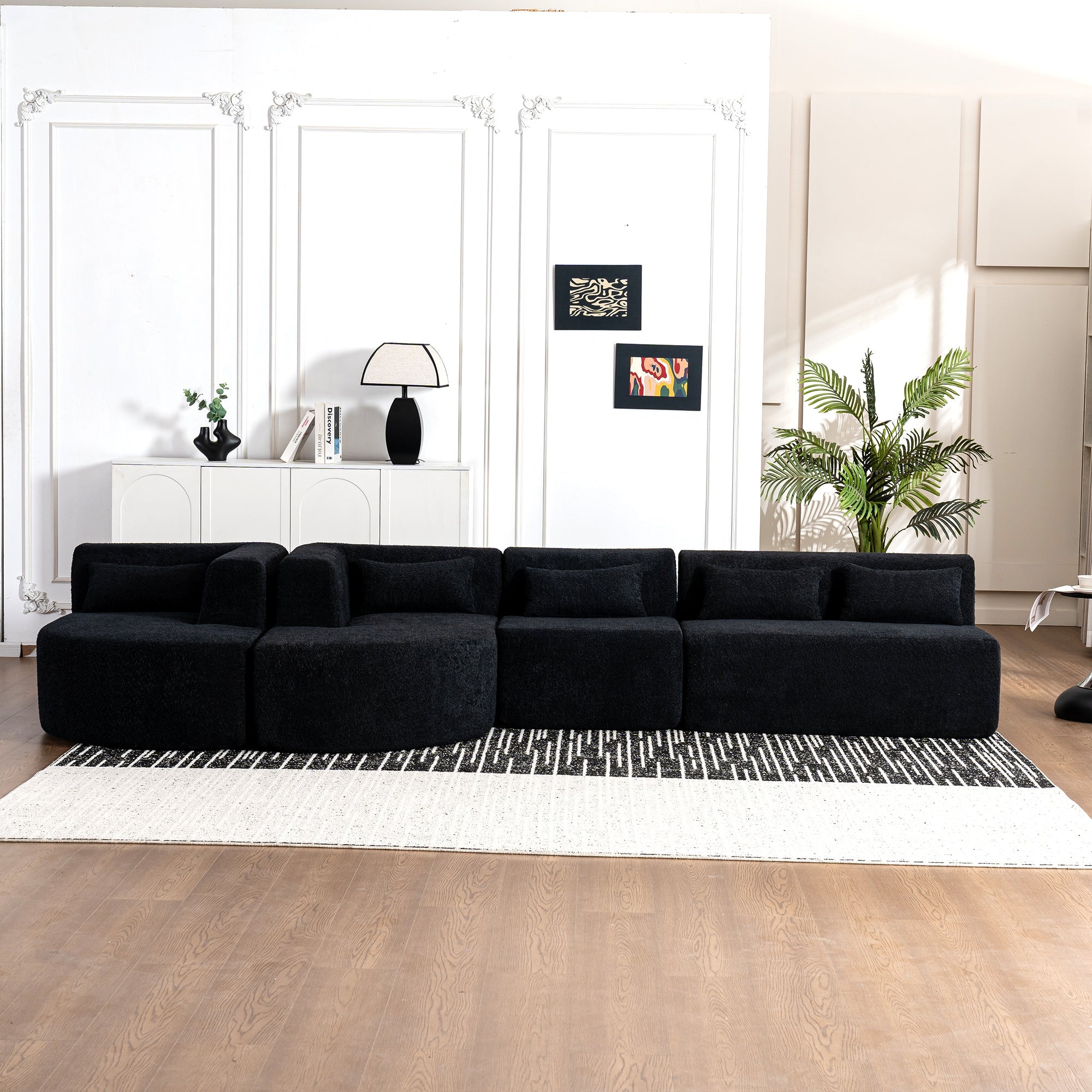 144' Upholstered Sofa Free-combined Sofa Couch with Two Chaise Lounge and Five Back Pillows for Living Room(Old SKU: N719S001600B), Black