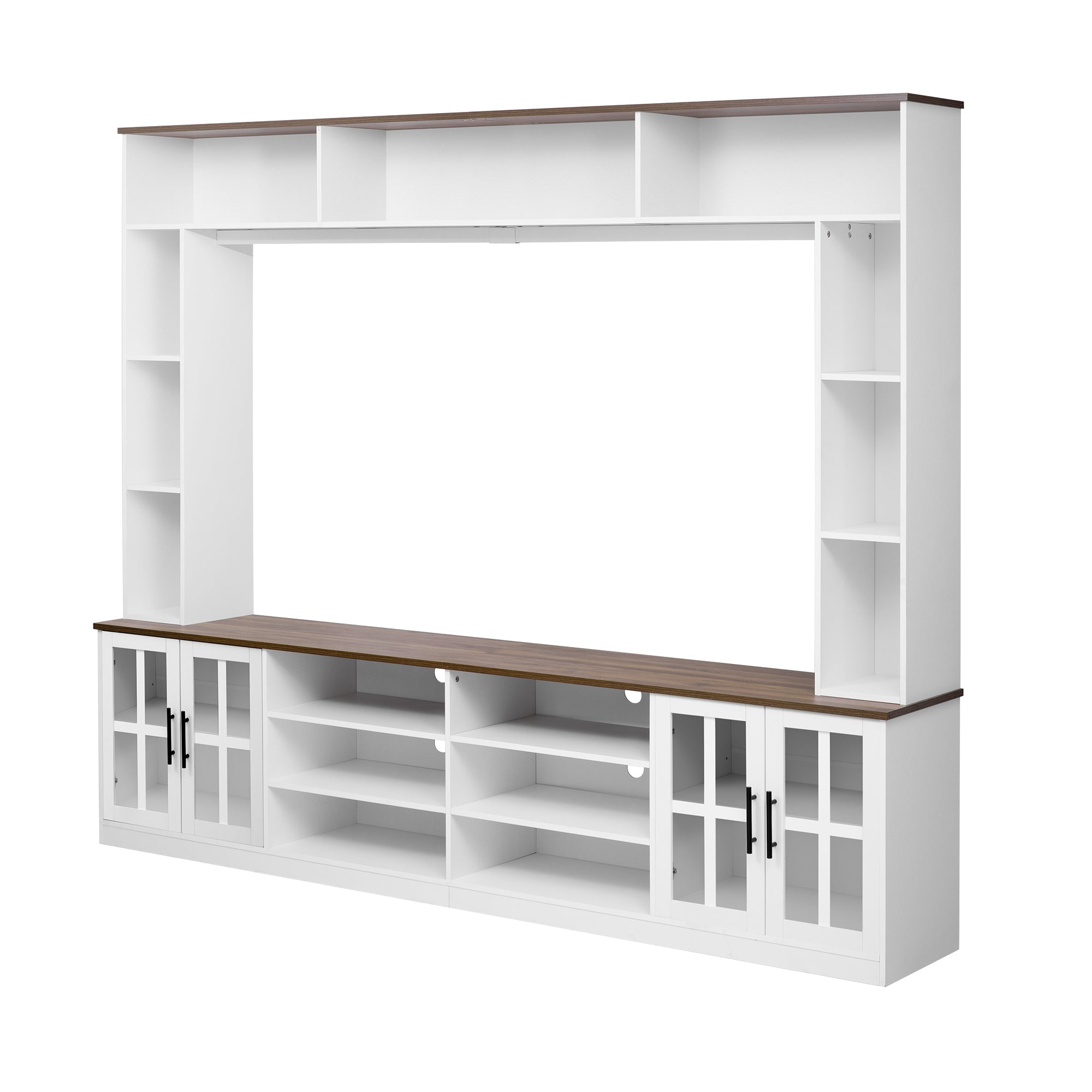 U-Can 95.5' W Wall Unit Entertainment Center with Bookshelves for TVs up to 80', Modern TV Stand Media Console with Cabinets, Tempered Glass Doors and Adjustable Shelves for Living Room