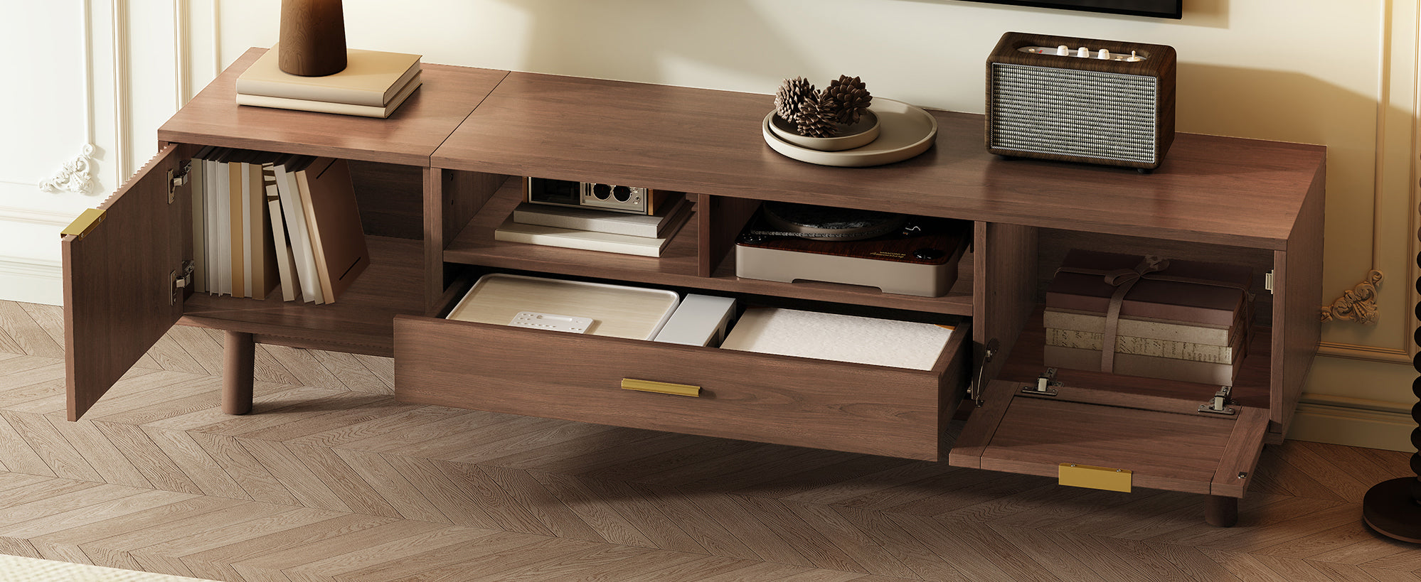 Wood Fashionable TV Stand for 75' TVs, TV Cabinet with Soft-Closing Door and Drop-Down Door Cabinet, Modern TV Consoles for Living Room, Bedroom