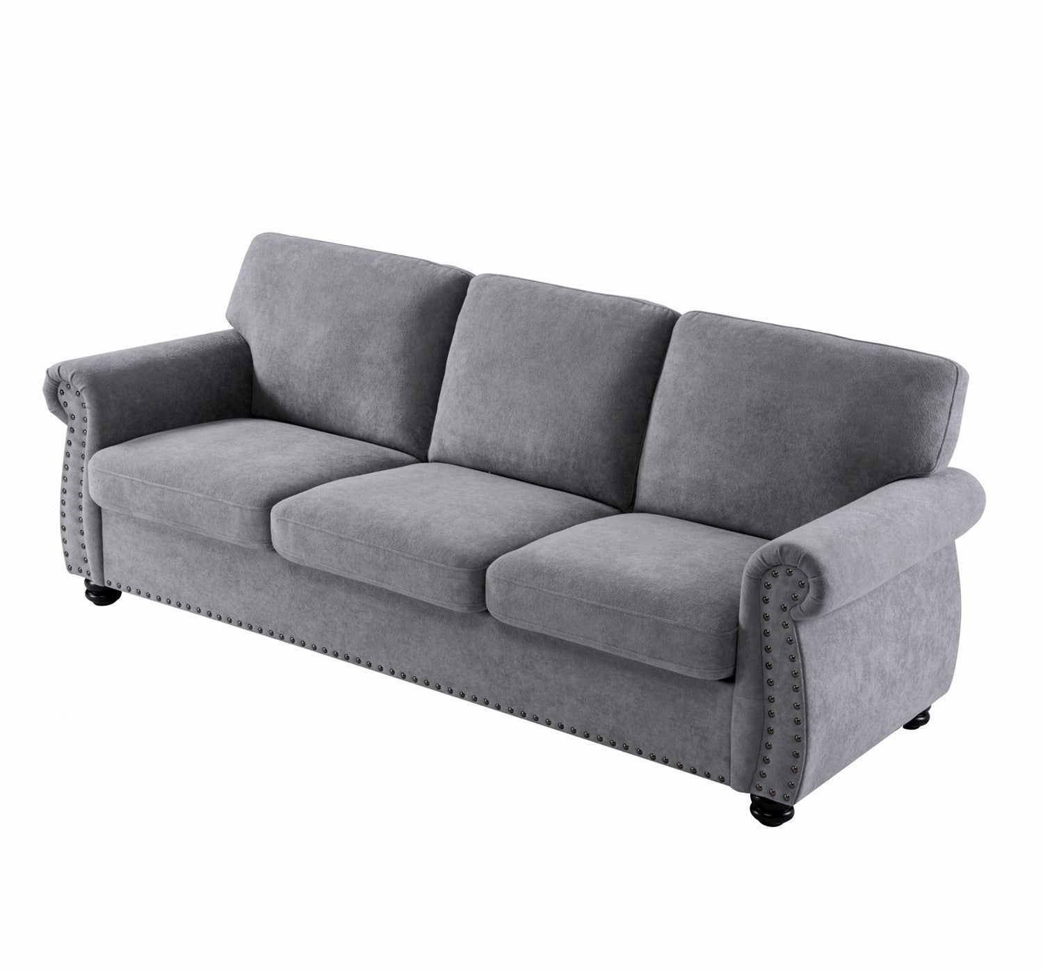 Soft Velvet Sofa, Upholstered 3 Seater Couch with High-Density Foam, Loose Back Cushions and Solid Wood Turned Legs, Chic Living Room Furniture for Home, Apartment and Office, Grey