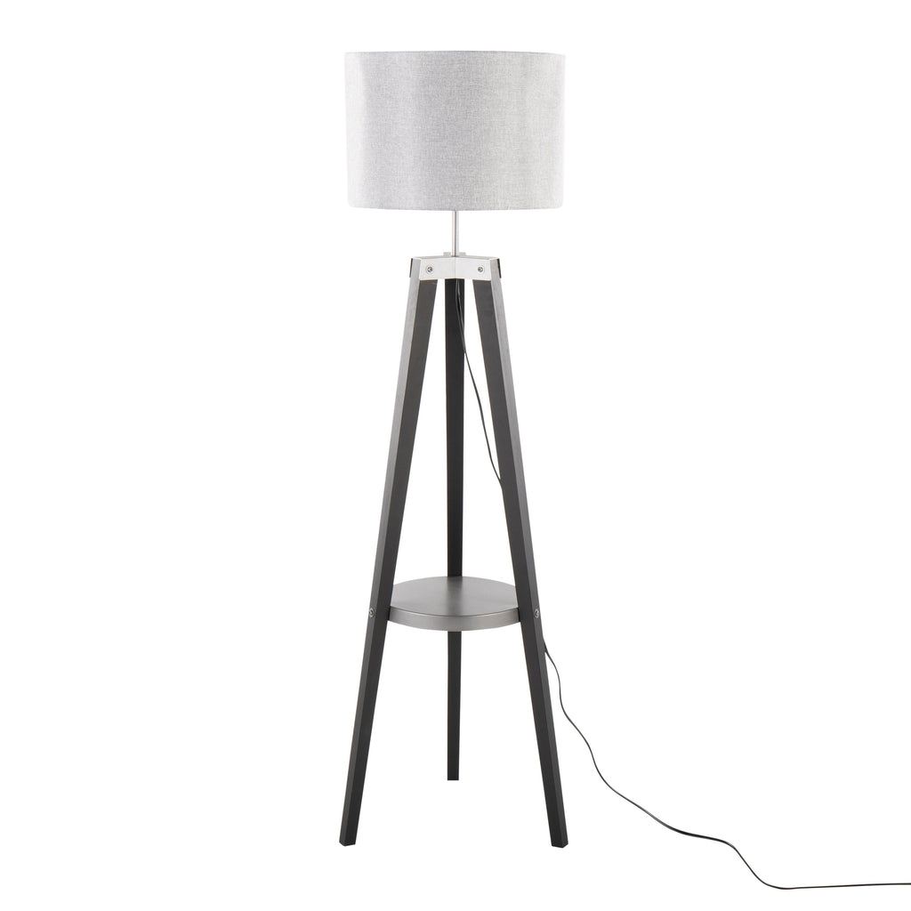 Compass Mid-Century Modern Floor Lamp with Shelf in Black Wood, Silver Metal and Grey Linen by LumiSource