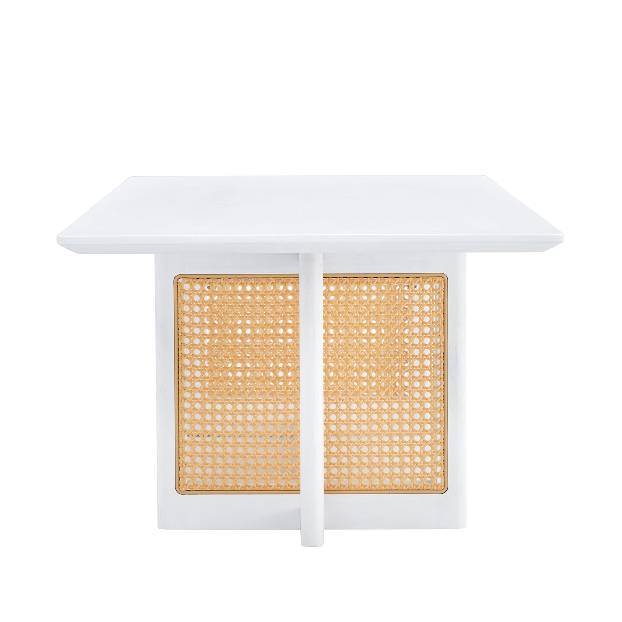 Chinese style white solid wood and imitation rattan coffee table, rectangular solid wood coffee low table, small living room coffee table