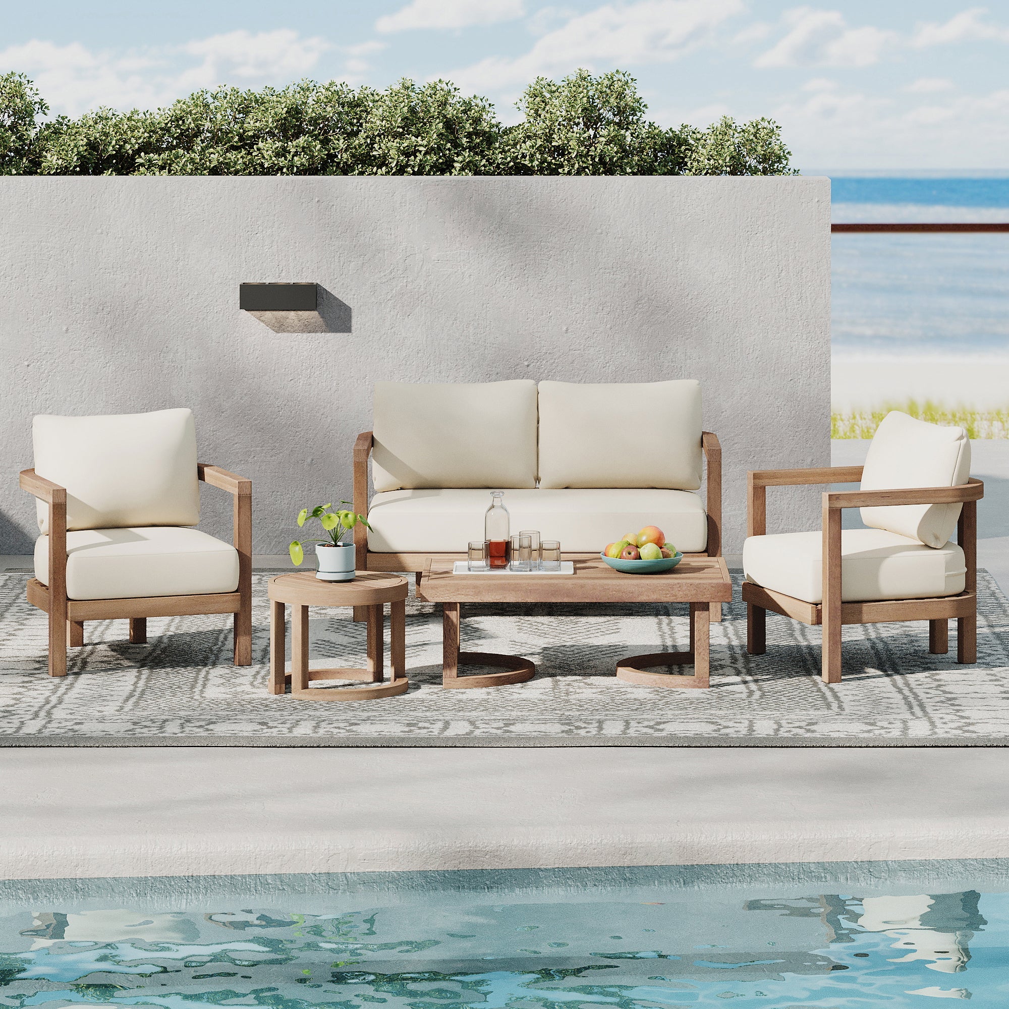 5-Pieces Acacia Wood Patio Furniture Set, Outdoor Furniture with Coffee Table, Patio Conversation Set Deep Seating with Soft Cushion, Porch Chairs for Garden, Backyard Porch Balcony, Brown wash, Beige