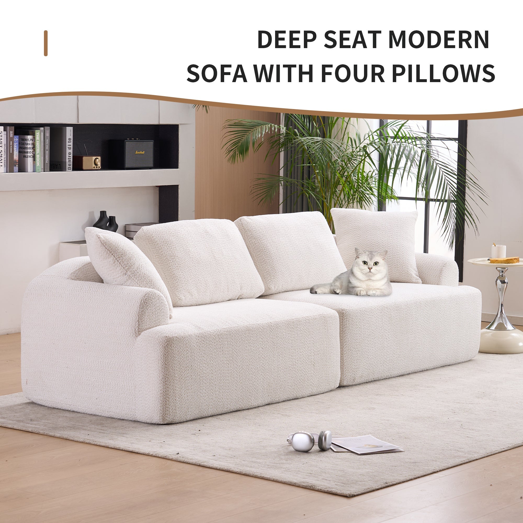 LY-024 BEIGE COMPRESSION SOFA: 4-seater combined sofa, Crochet Yarn Fabric, full sponge compression sofa,combined sofa with 4 pillows for home living/ Home Furniture/ Apartment