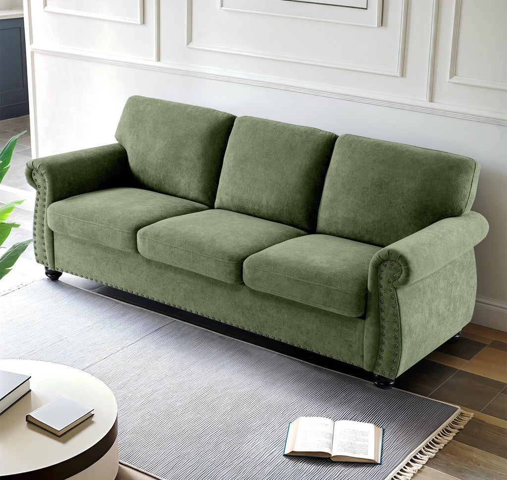 Soft Velvet Sofa, Upholstered 3 Seater Couch with High-Density Foam, Loose Back Cushions and Solid Wood Turned Legs, Chic Living Room Furniture for Home, Apartment and Office, Green