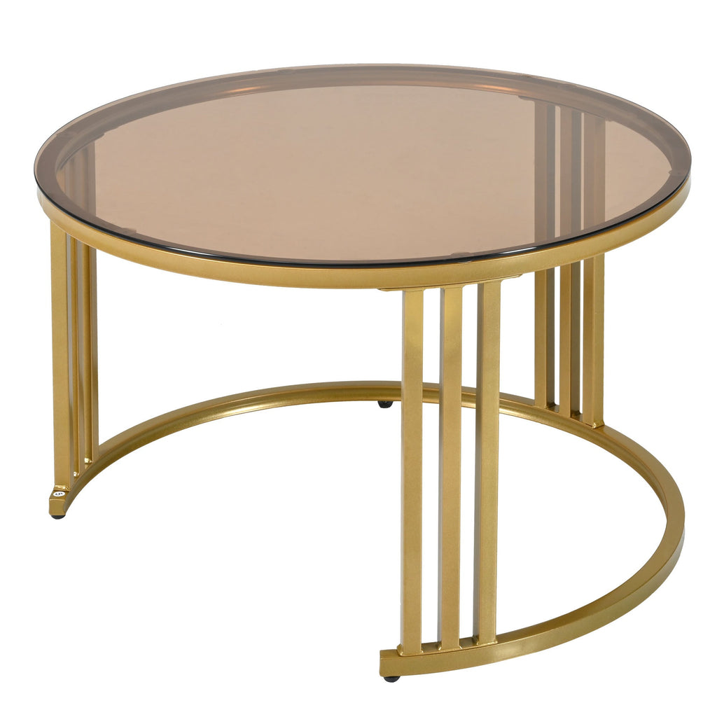 ON-TREND Φ27.5'' & Φ19.6'' Stackable Coffee Table with 2 Drawers, Nesting Tables with Brown Tempered Glass and High Gloss Marble Tabletop, Set of 2, Round Center Table for Living Room, Black
