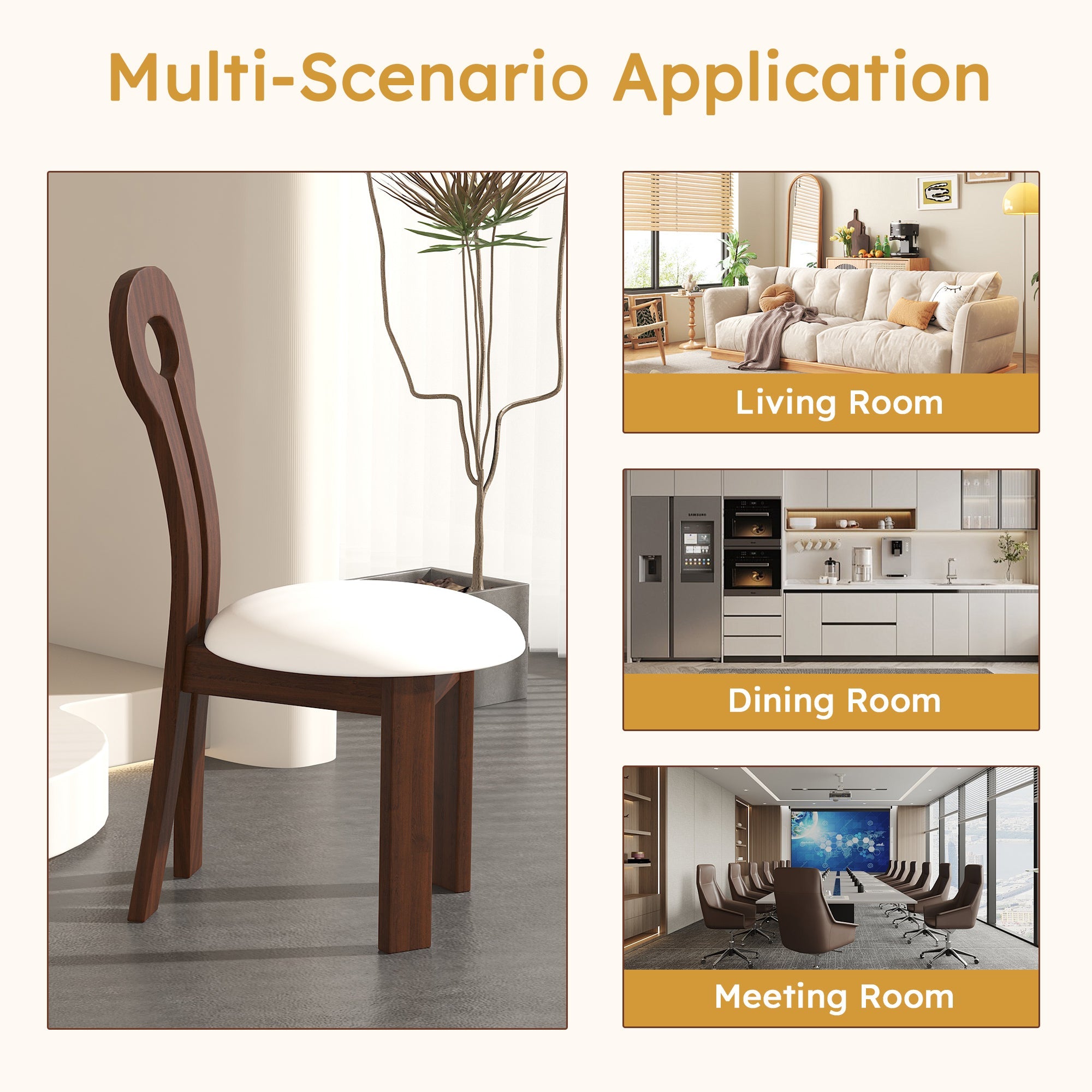 Dining Chairs Set of 2, Key-design Home Chairs, PU Leather Solid Wooden Dining Chairs with White Round Cushion for Kitchen Dining Room-Deep Walnut Brown