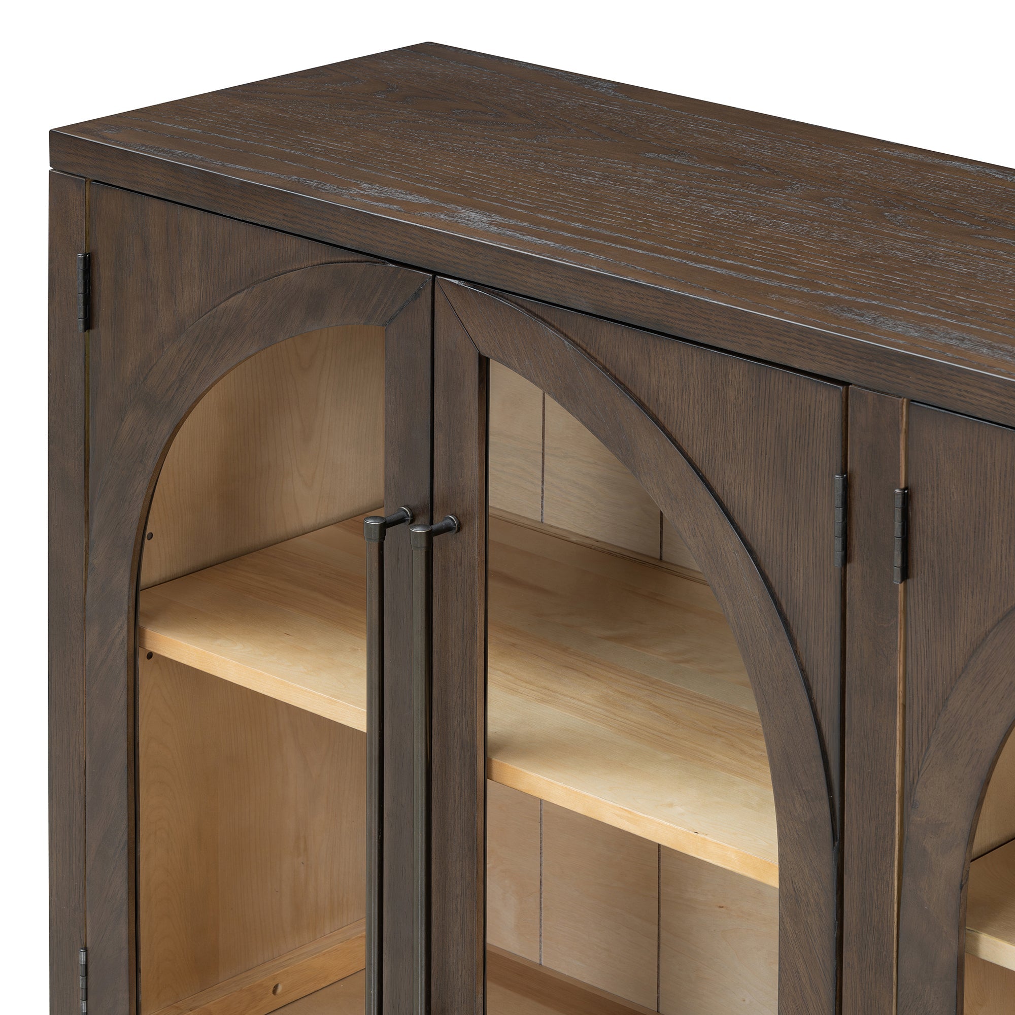 TREXM 4-Door Large Storage Sideboard Buffet Cabinet with Glass Doors, Arched Cabinet with Adjustable Shelves for Kitchen, Dining Room and Living Room (Espresso)