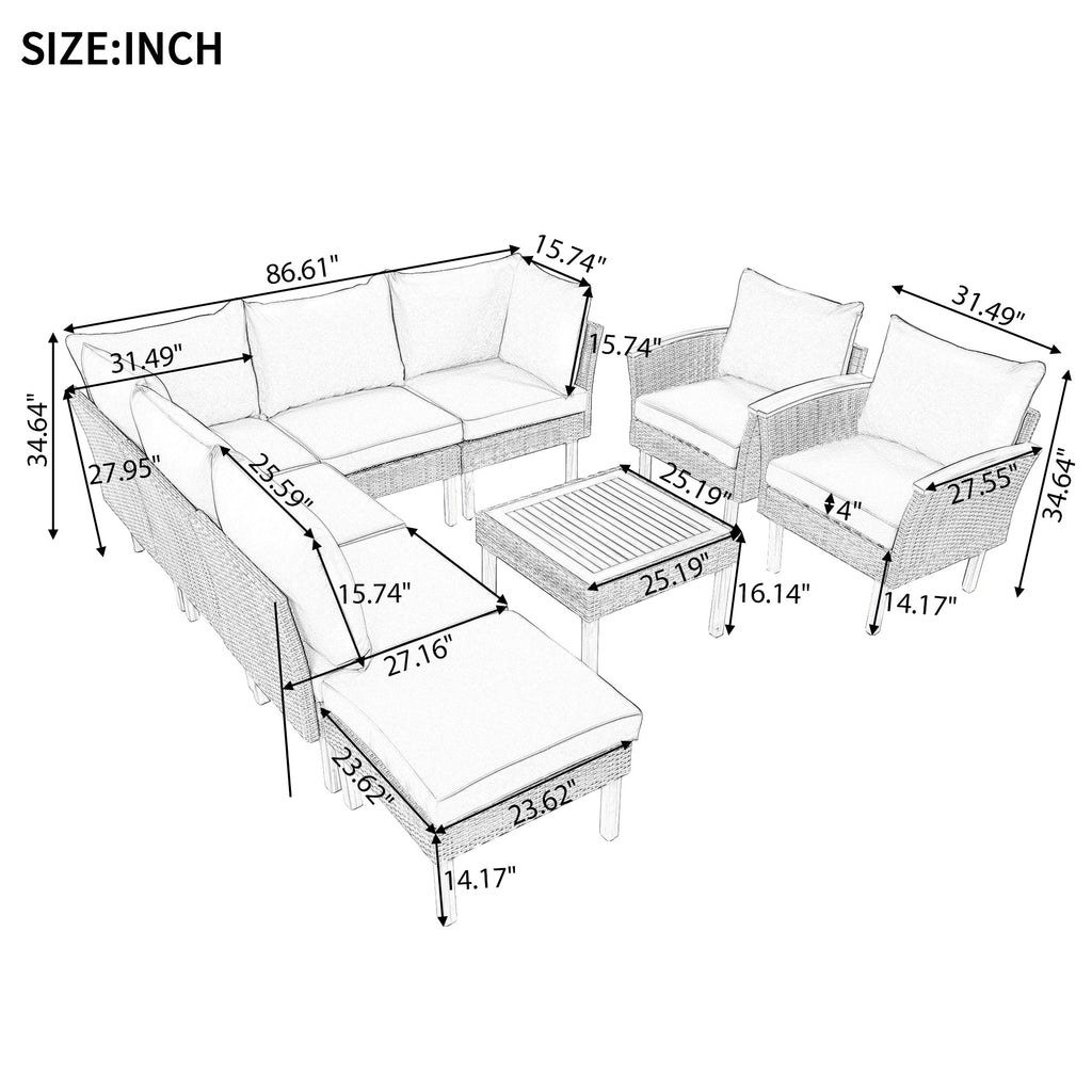 GO 9-Piece Patio Rattan Furniture Set, Outdoor Conversation Set With Acacia Wood Legs and Tabletop, PE Rattan Sectional Sofa Set with Coffee Table, Washable Cushion, Gray
