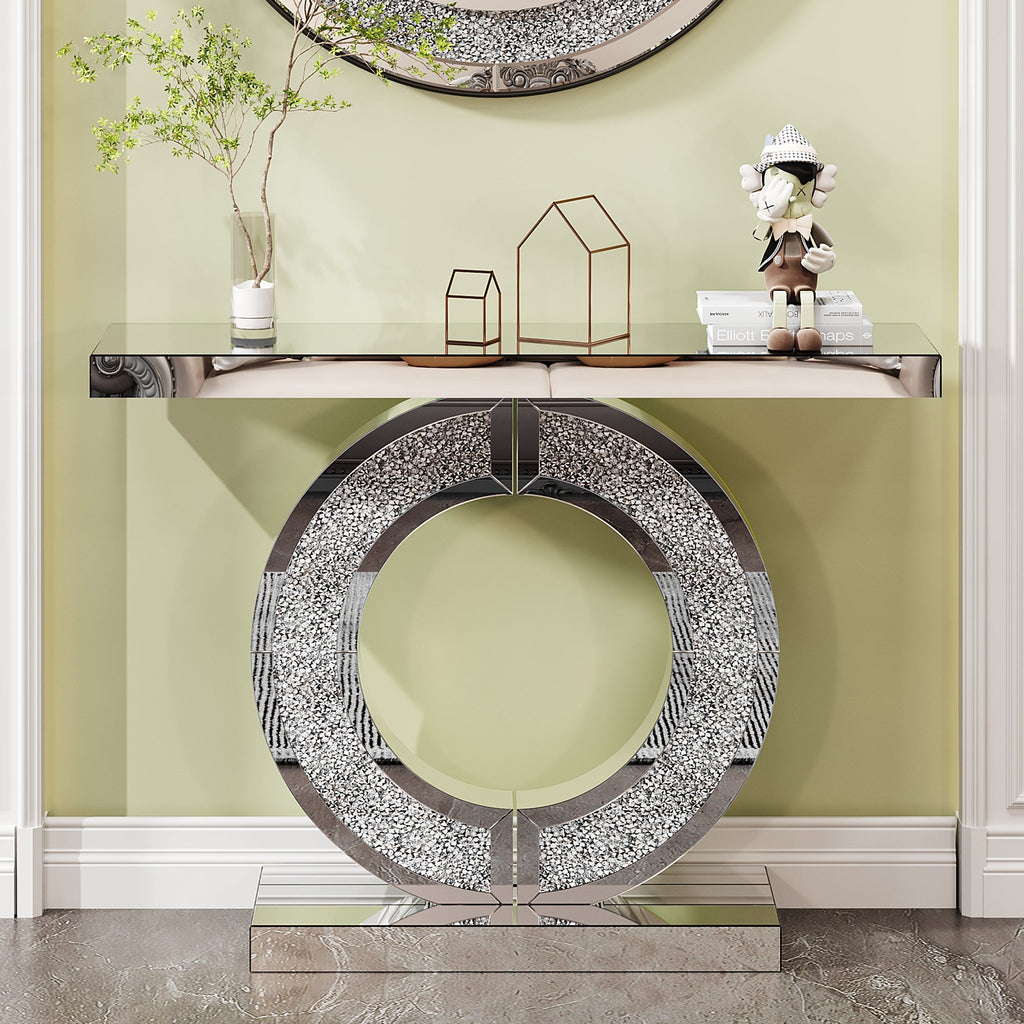 O Shaped Mirror Console Table with Crystal Hallway Entry Home Décor, Handicrafts Mirror Table for Living Room,Mirror Glass Table for Room