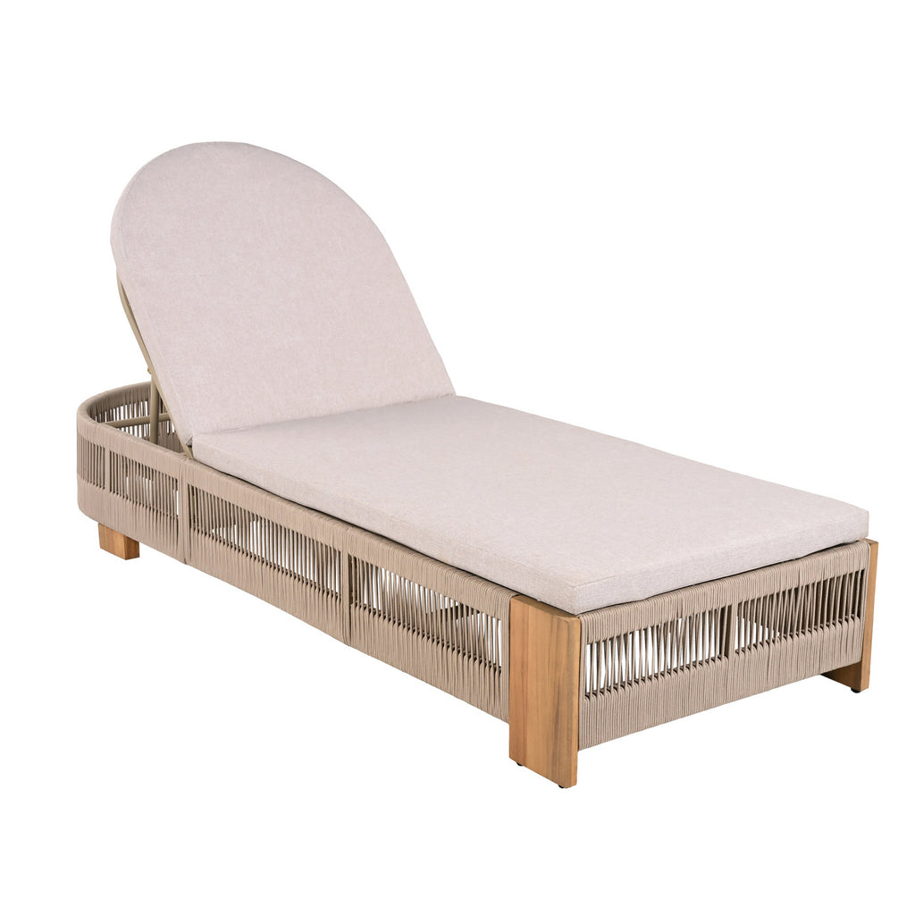 Outdoor Rope Chaise Lounge Set of 9, Patio Lounge Chairs, Outside Poolside Lounge Furniture, Teak look wood Side Table and Beige Cushions, Chaise Lounge with Adjustable Backrest( Beige rope)