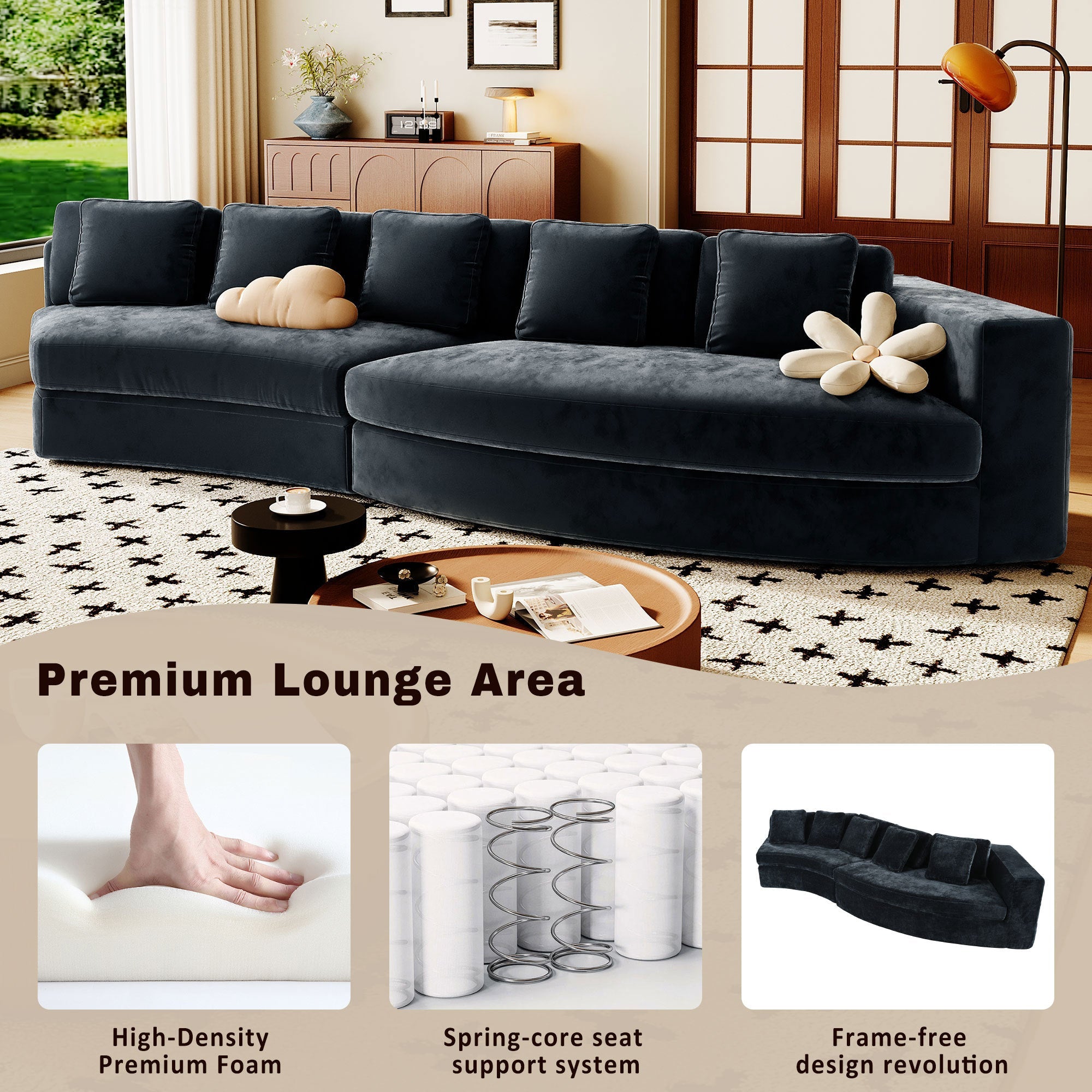 U_Style 115.7' Pure Foam Modular Sofa, 2-Piece Set with 5 Cushions, 4-Seater, Chenille Jacquard Fabric, Curved Design, No Assembly Required, Soft Upholstered Sofa for Living Room & Bedroom