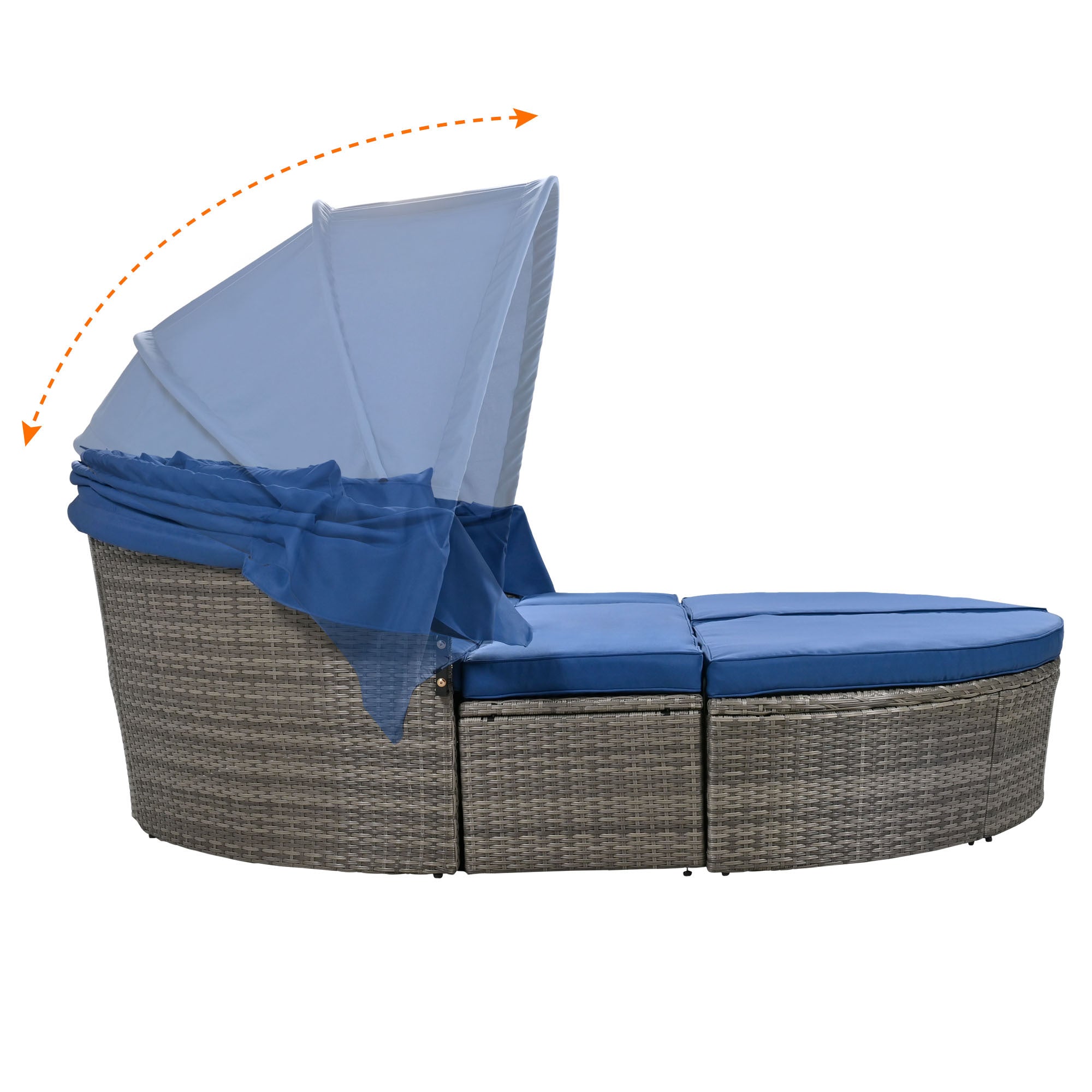 GO Outdoor rattan daybed sunbed with Retractable Canopy Wicker Furniture, Round Outdoor Sectional Sofa Set, Gray Wicker Furniture Clamshell Seating with Washable Cushions, Backyard, Porch, Blue