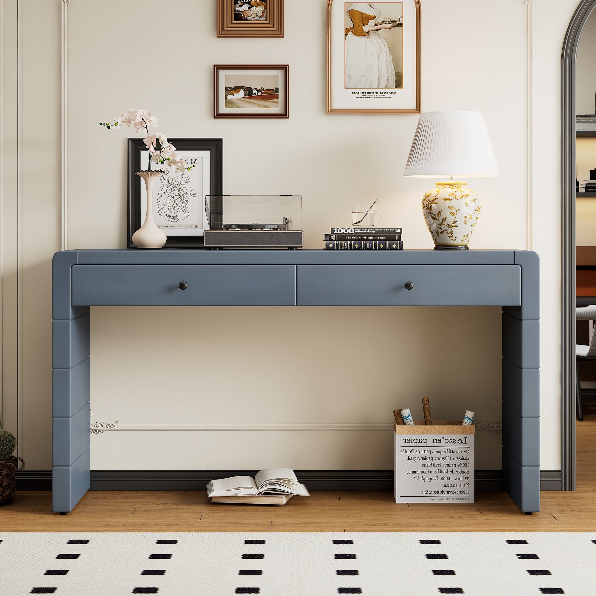 TREXM Curved Console Table with Storage, Wooden Entryway Table with 2 Drawers, Farmhouse Rustic Console Tables for Entryway, Hallway, Living Room, Navy