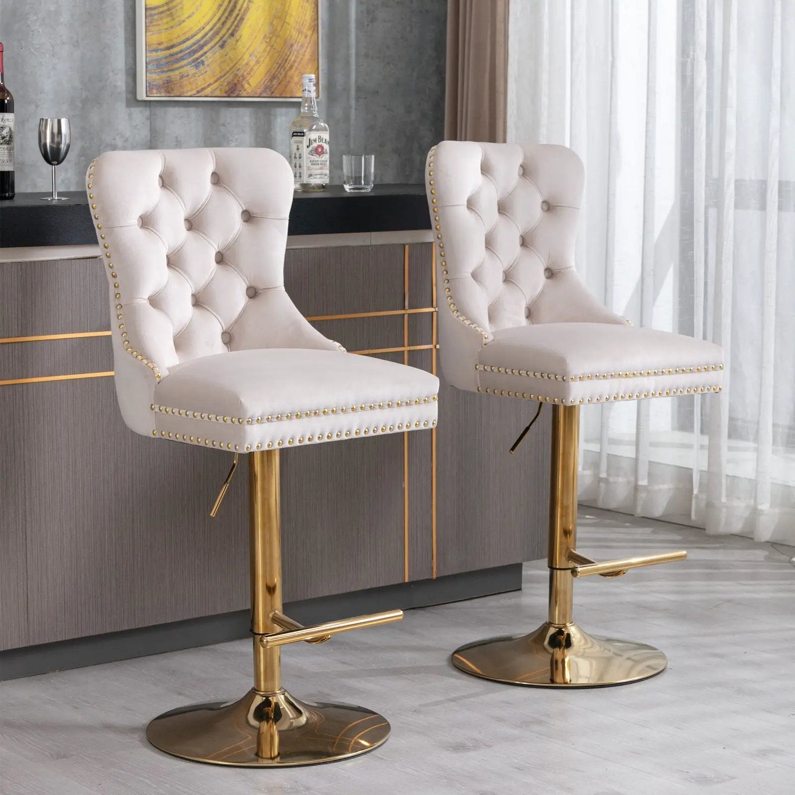 Thick Swivel Barstools Adjusatble Seat Height From 25-33", Modern Upholstered Bar Stools With Backs Comfortable Tufted For Home Pub And Kitchen Island (Set of 2)