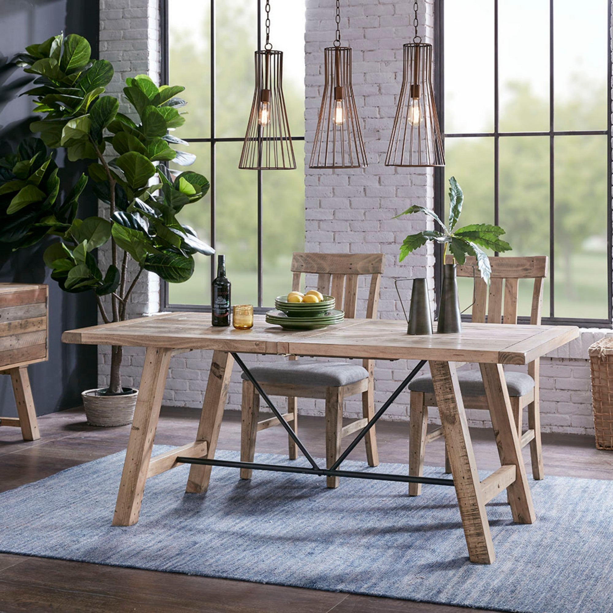 Rustic Dining Table with Metal Support in Natural Pine Wood Finish, 72 x 36 inches
