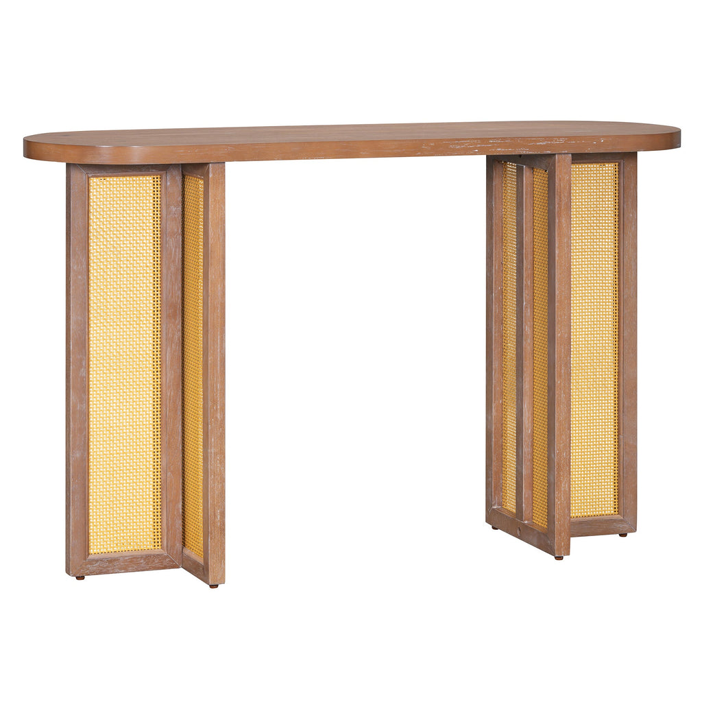 TREXM Farmhouse Rattan Console Table Entryway Table, Narrow Console Table with Storage, Hallway Table for Living Room, Entrance (Natural Wood Wash)