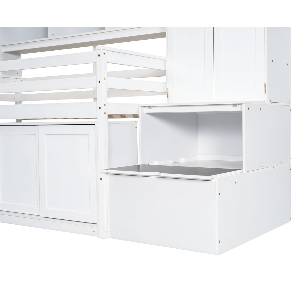 Twin Size Wooden Loft Bed Big Storage with Under-bed Desk, with Drawers, with Shelves, White