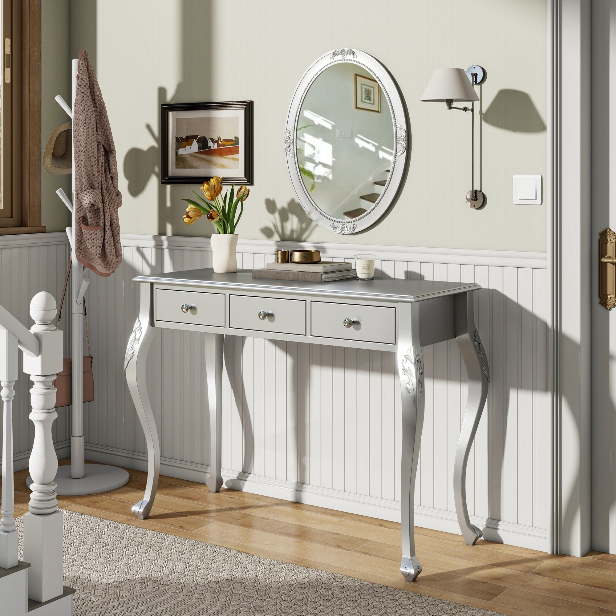 Luxury Makeup Vanity Desk with Oval Mirror, 3-Drawer Dressing Table for Jewelry Storage, Elegant Console Table for Entryway, Living Room & Bedroom, Stylish Home Decor,Silver