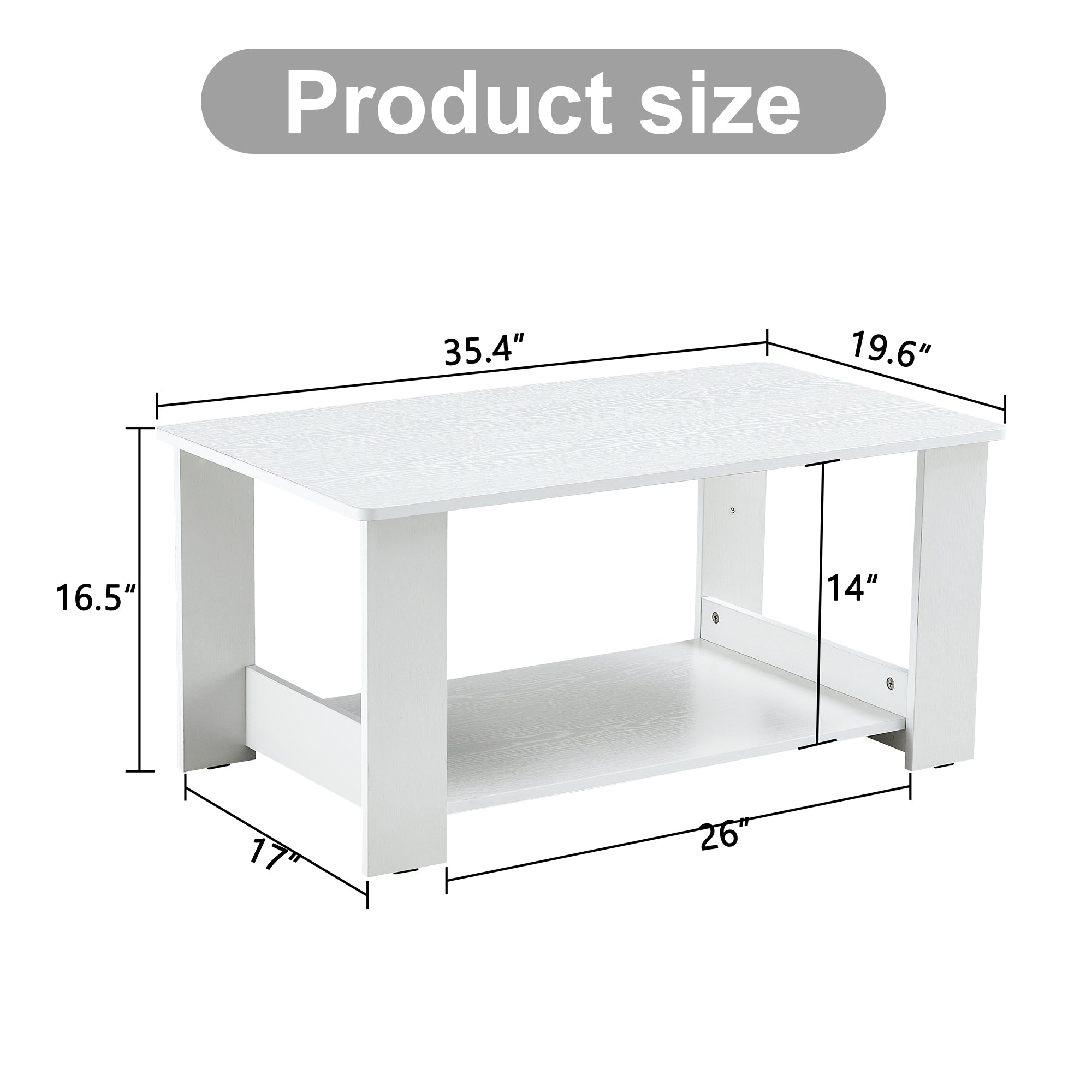 A modern and minimalist white double layered rectangular coffee table and coffee table. MDF material is more durable and suitable for living rooms, bedrooms, and study rooms. 19.6 "*35.4"*16.5 "CT-16