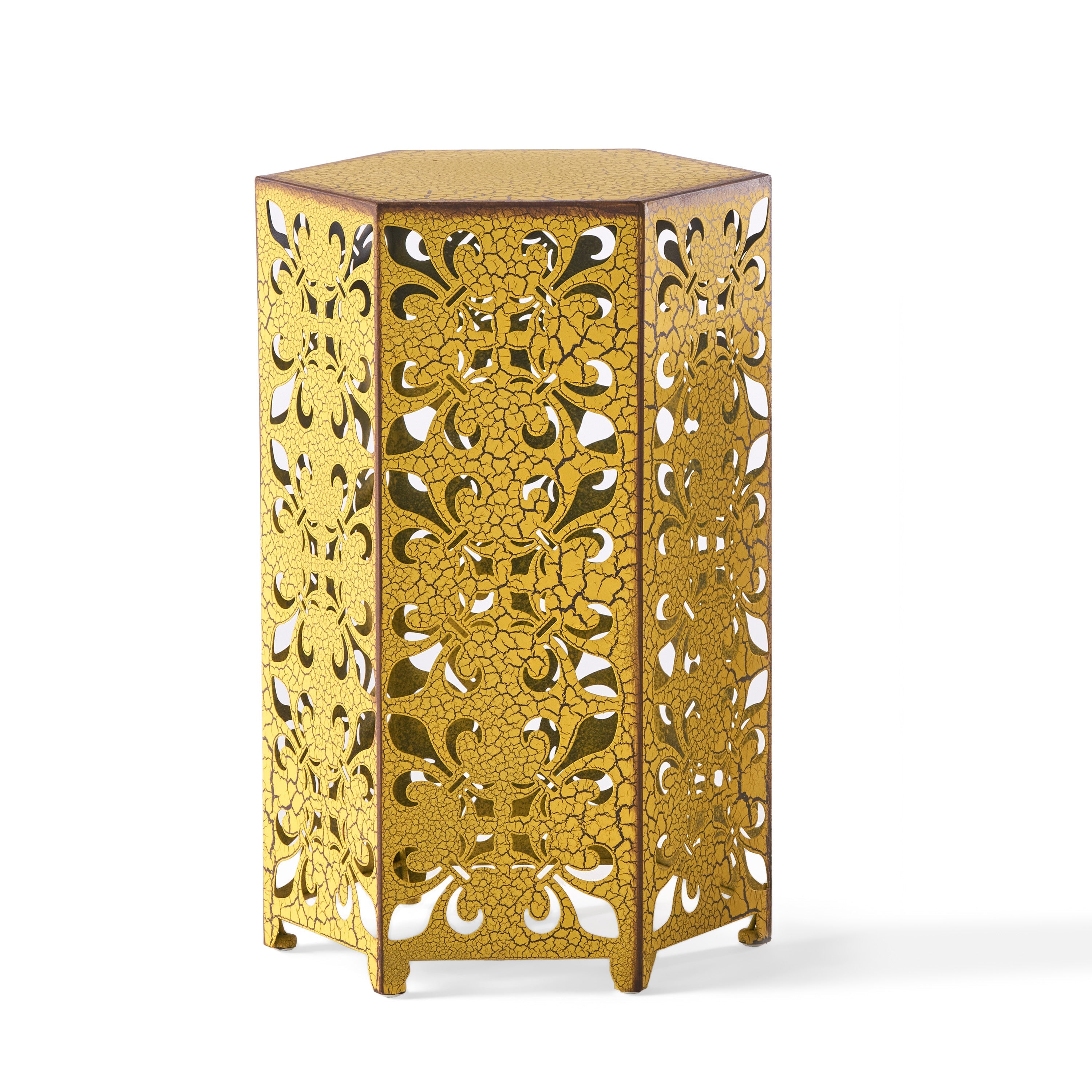 Outdoor Hexagonal Accent Table Set with Charming Fleur-de-lis Panel Sides, Antique Yellow