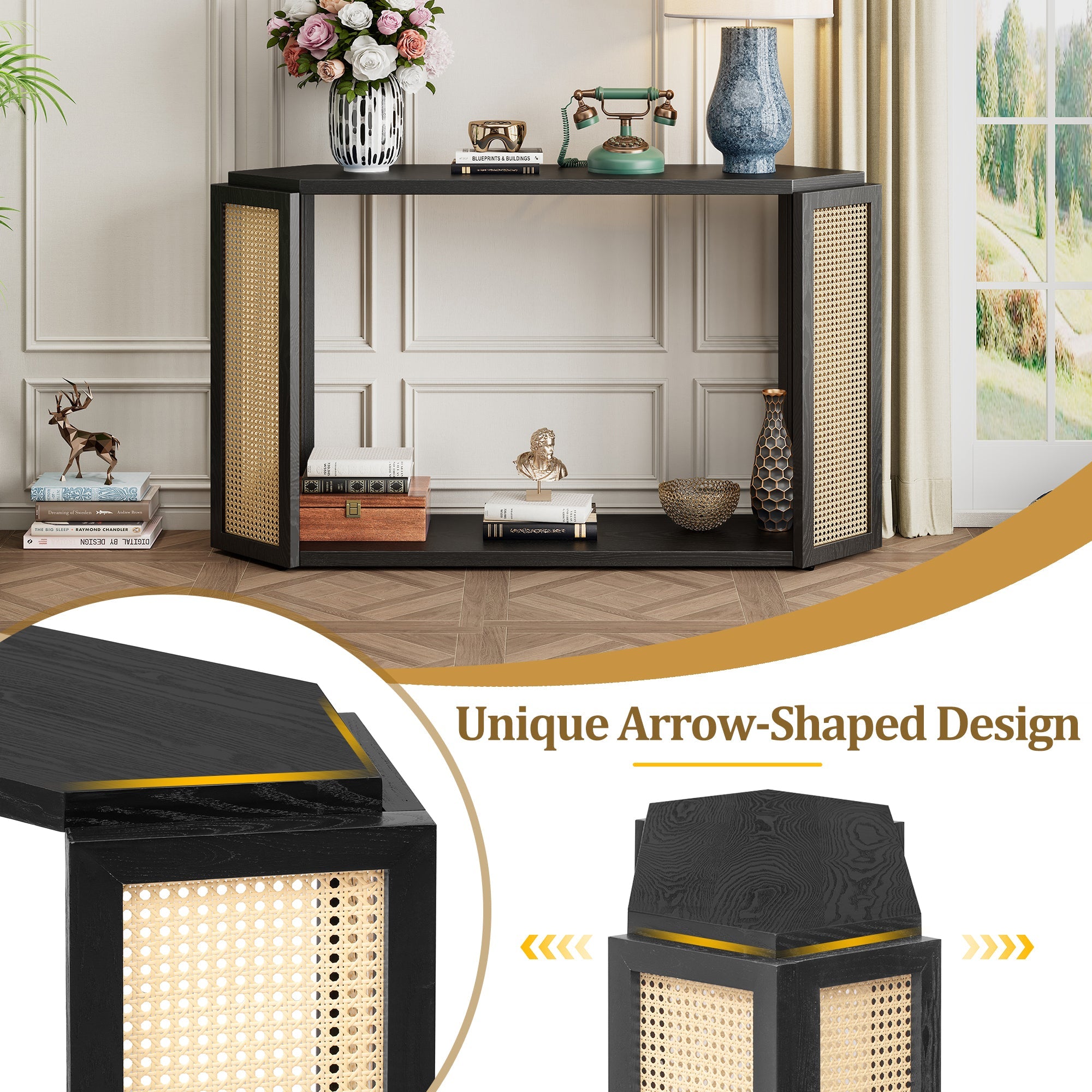TREXM Narrow Console Table with Unique Irregular Top Design, Entryway Table with Open Shelf, Rattan Sofa Table for Living Room Hallway and Entrance (Black)