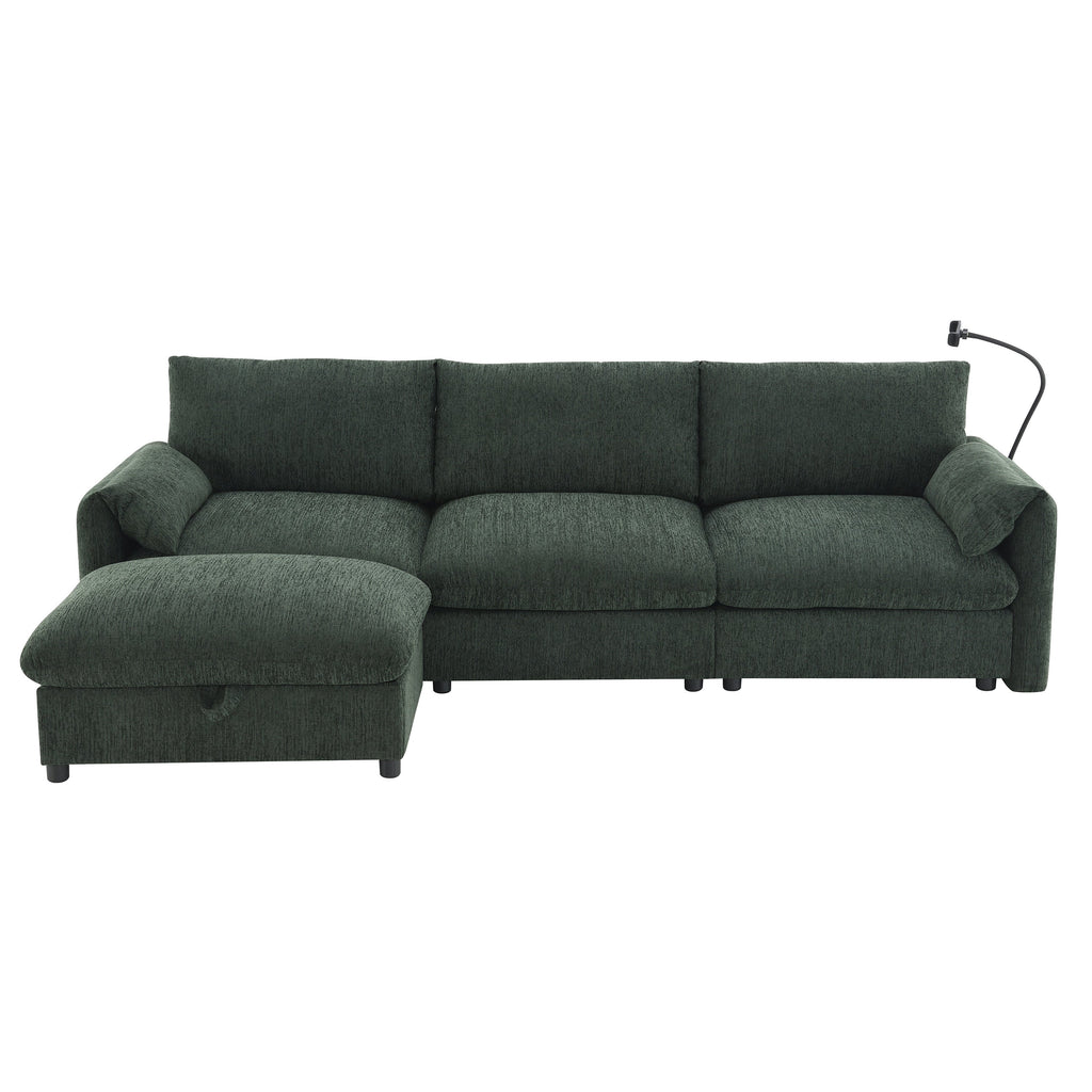 96.5'' Chenille Sectional Sofa with Storage Ottoman and Pockets,Adjustable Phone Holder,Wide Seat,4 Seat L Shaped Couch Set,Comfy Sofa with USB Charger for Living Room,Apartment,3 Colors