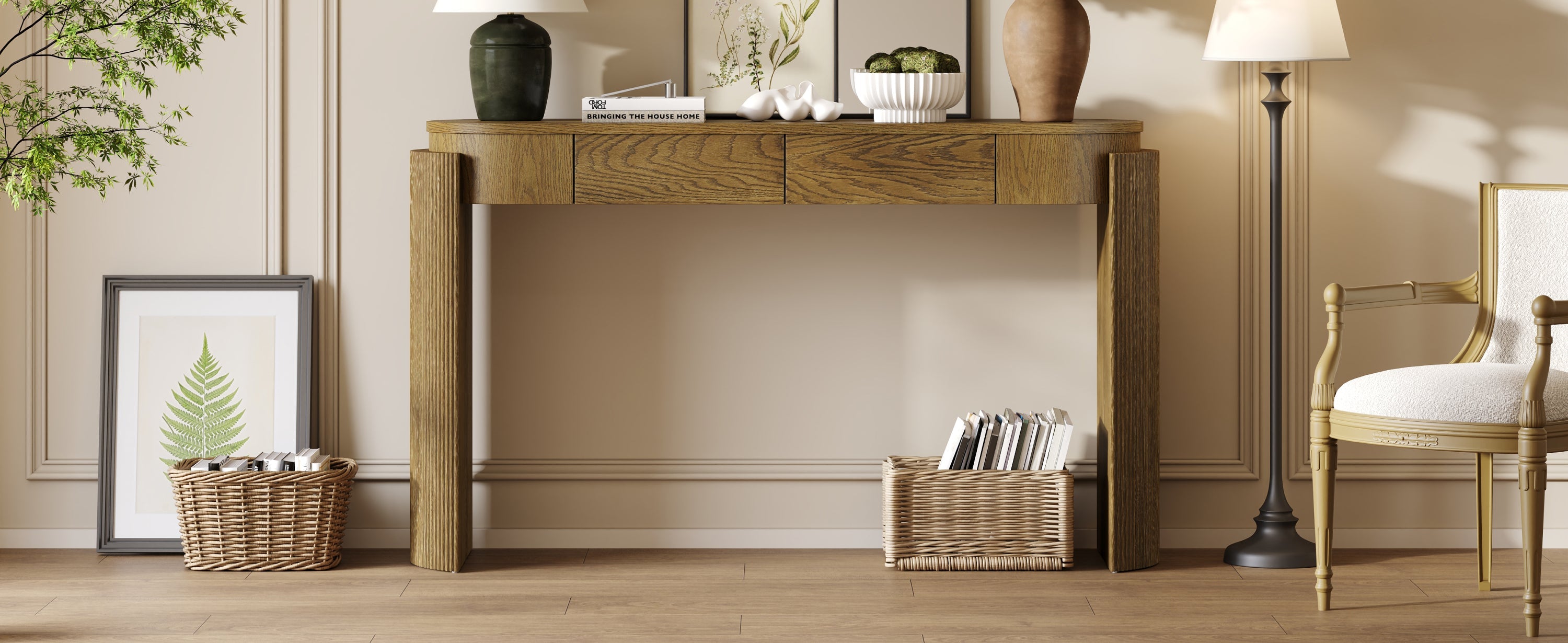TREXM Entryway Table with Natural Wood Grain Finish, Console Table with Fluted Design, Oval Top and 2 Drawers for Entryway and Living Room (Pine Wood)