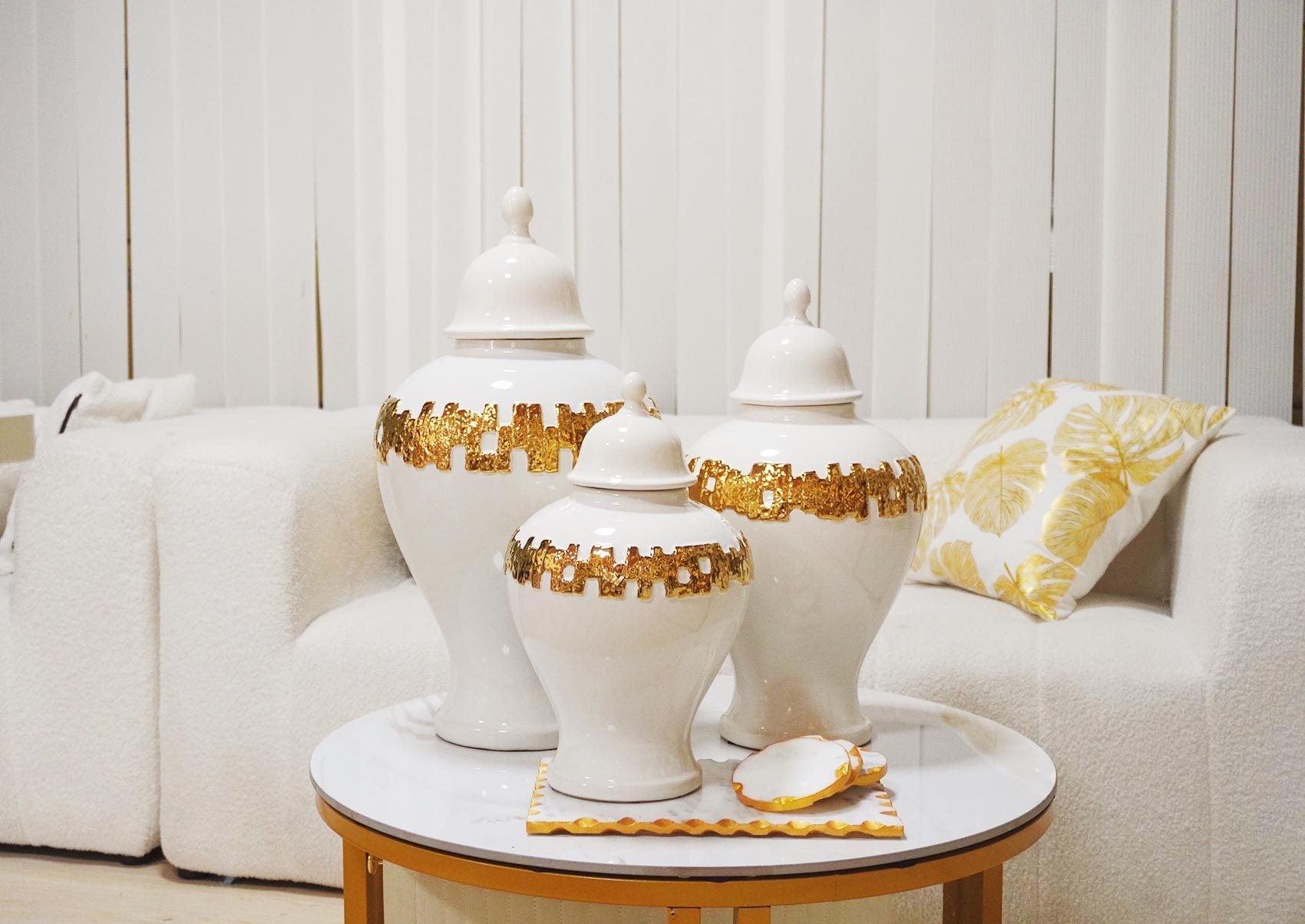 White Ginger Jar with Gold Ornament