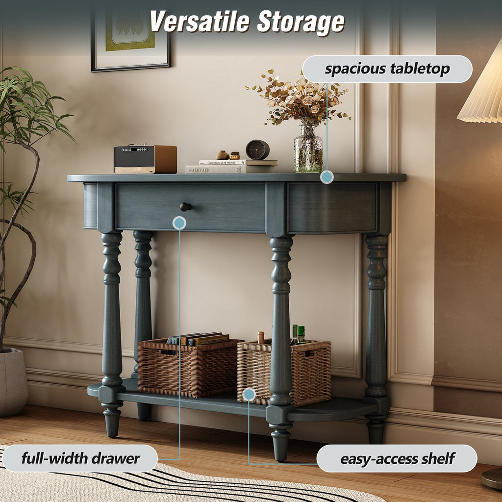 TREXM Narrow Console Table with Curved Corner, Retro Entryway Table with Top Drawer and Open Shelf, Sofa Table Console Tables for Entryway, Hallway and Living Room (Navy)